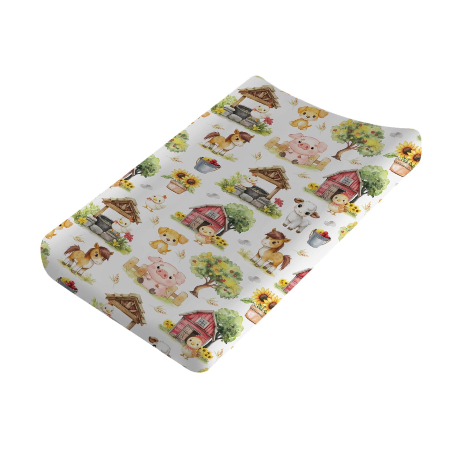 Cute Farm Animals Baby Changing Pad Covers for Boy Girl 32''x16'' Farm Chicken Lamb Pig Dog Horse Barn Sunflower Fitted Diaper Change Table Sheets Spring Farm Life Soft Breathable Changing Table Mats