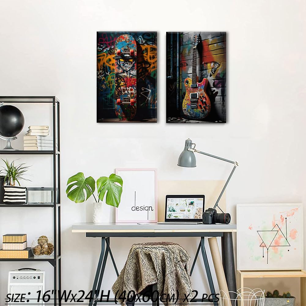 2 gerahmte Straßen-Graffiti-Leinwandkunst, Hip-Hop-Pop, Banksy-Bilder, Poster, Gemälde, Drucke, Teenager, Jungen, Zimmer, Wanddekoration, modern, cooles Skateboard, Schlafzimmer, 40.6x61x5.1 cm