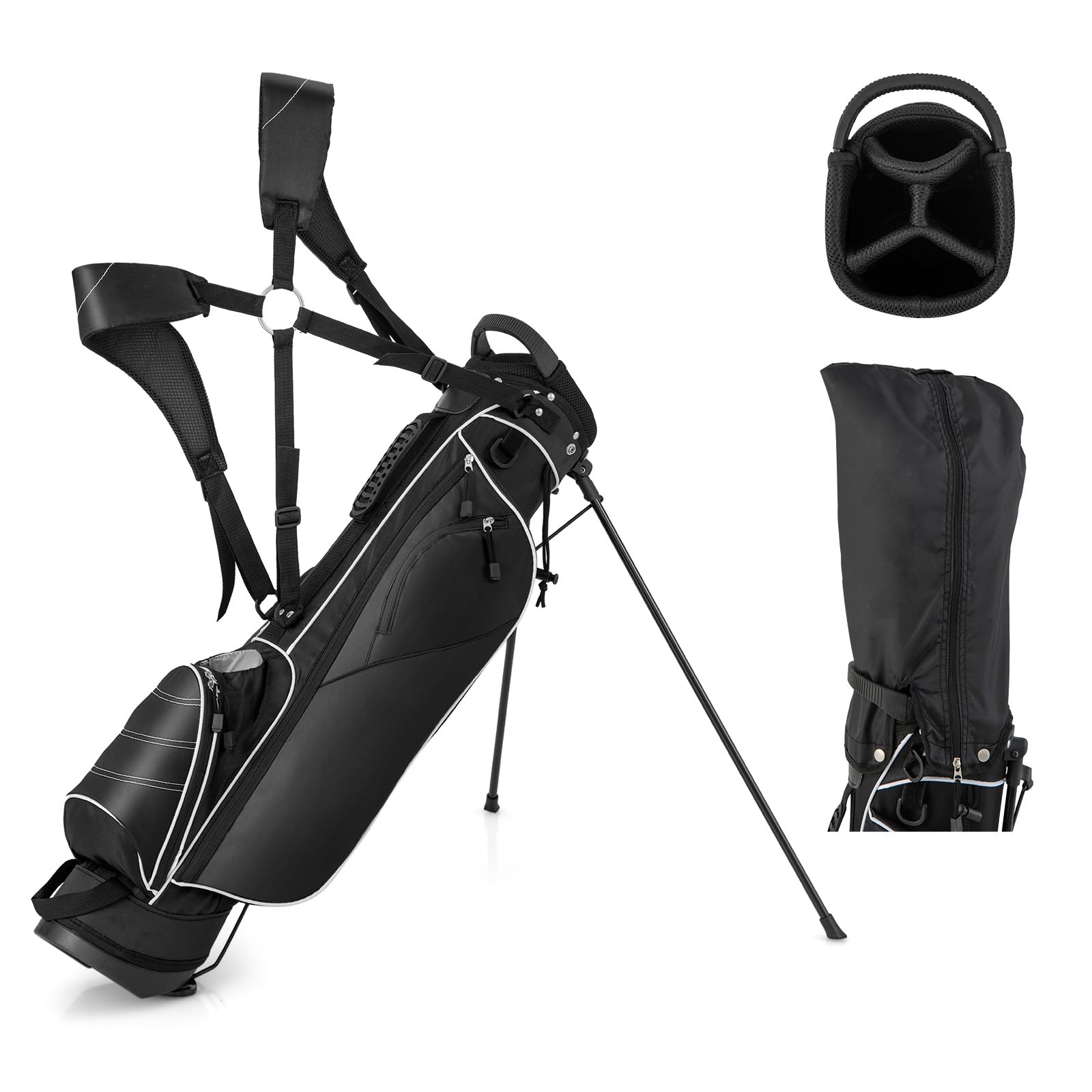 GYMAX Sac de Golf Trépied Léger, avec 4 Séparateurs pour Clubs, 4 Poches pour Tees, Boissons, Vêtements, Pieds Solide avec Patins Antidérapant, avec Capuche de Pluie