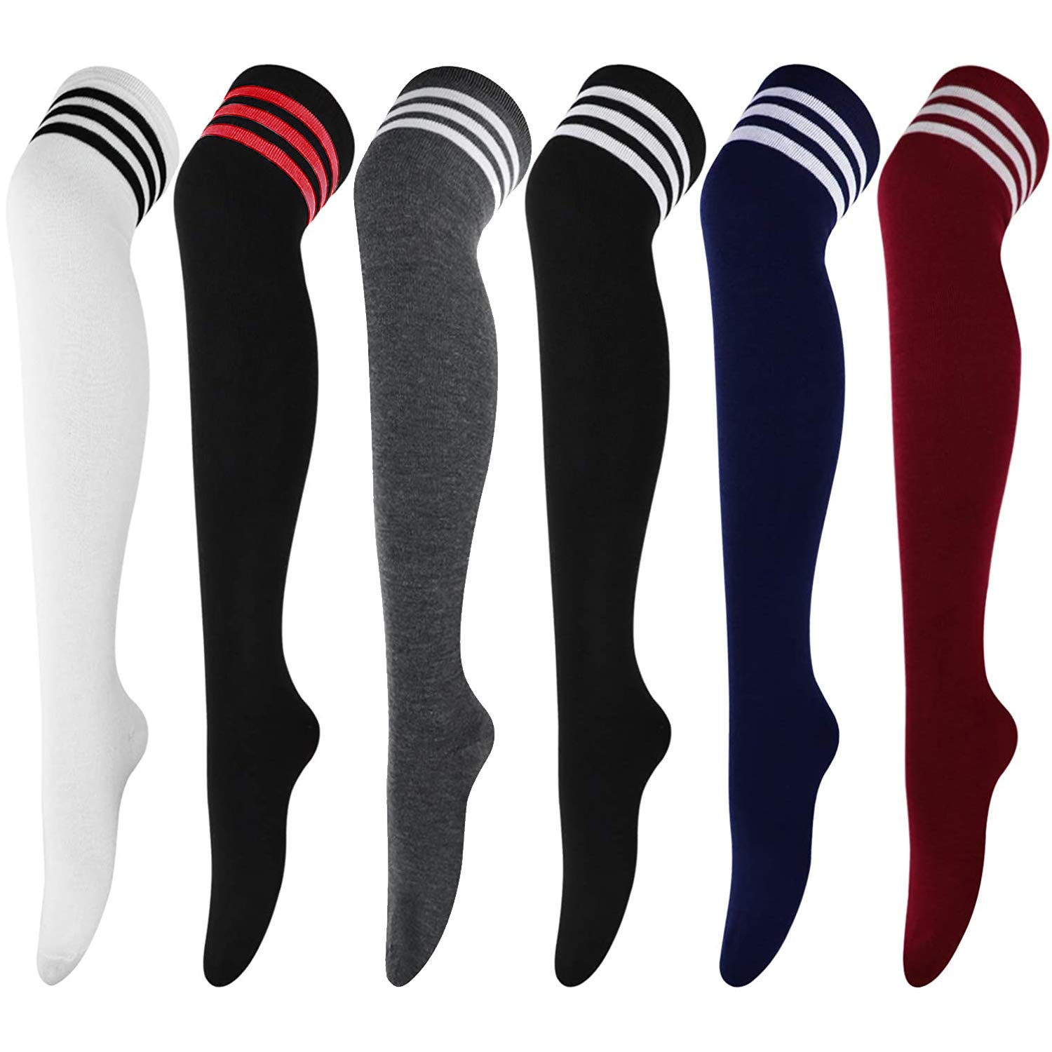 DRESHOW 6 Pairs Long Socks Thigh High Socks Tights Over Knee Socks Casual High Stockings for Girls and Women