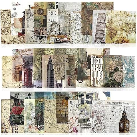 Junk Journal Kit 6x6 Inch 30pcs Vintage Scrapbook Supplies Gold Glitter Structure Maps Background Decor Paper Crafts Ephemera DIY Making Decoupage Cardstock by CATaireen Cover
