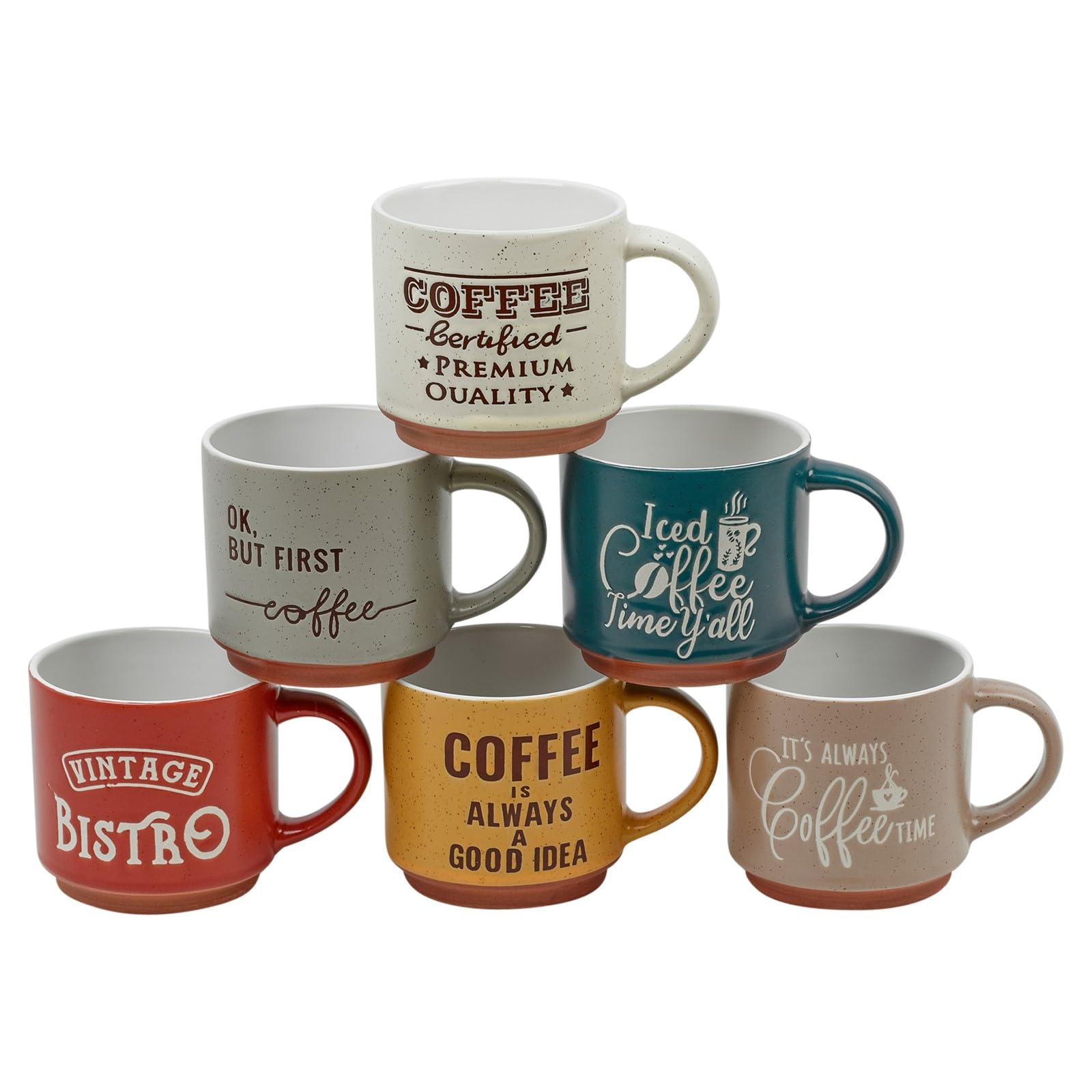 URBNLIVING 6-Piece Stoneware Coffee Mug Set, Vintage Cafe Style Cups in Assorted Colours, Retro Tea & Espresso Mugs, Dishwasher & Microwave Safe, Ideal for Home or Office, 120ml & 260ml Options