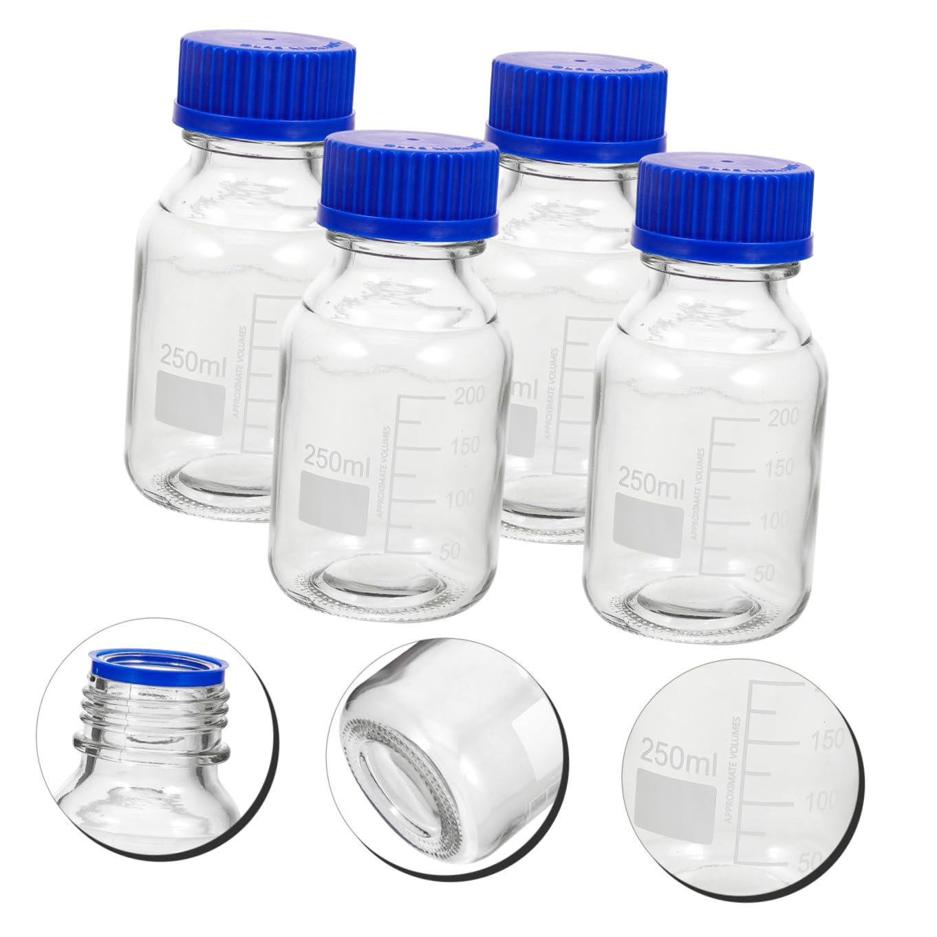 PLAFOPE 4 Pezzi Bottiglia di Reagente Graduata 250ml in Vetro con Tappo a Vite Blu Resistente alla Rottura e Lavabile per Laboratorio e Applicazioni in Classe