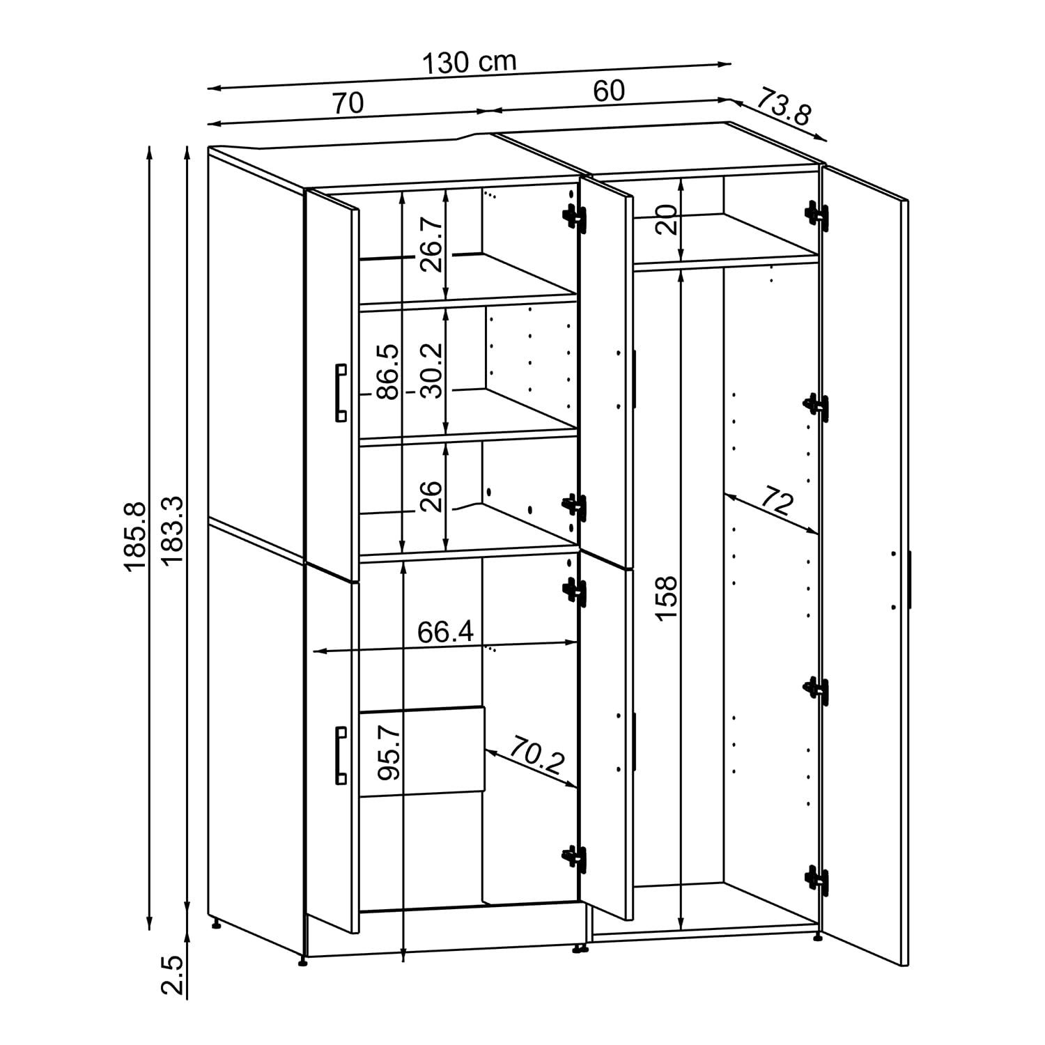 ROOMART Armoire de machine à laver Dora-II - Tour de lavage de 130 cm de large pour machine à laver et sèche-linge (chêne blanc, sans armoire de rangement : 187 x 130 x 73,8 cm)