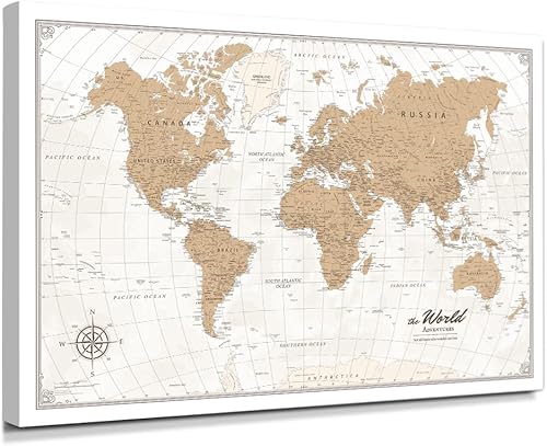 IPIC - Lienzo decorativo de mapa del mundo vintage, impresión de mapa de viaje de gran tamaño para el hogar, la oficina o el estudio, decoración de