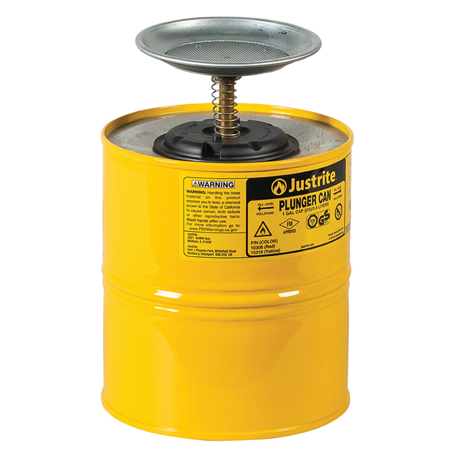 Justrite Plunger Can for Solvents, 1 Gallon Capacity, Made in USA, Yellow
