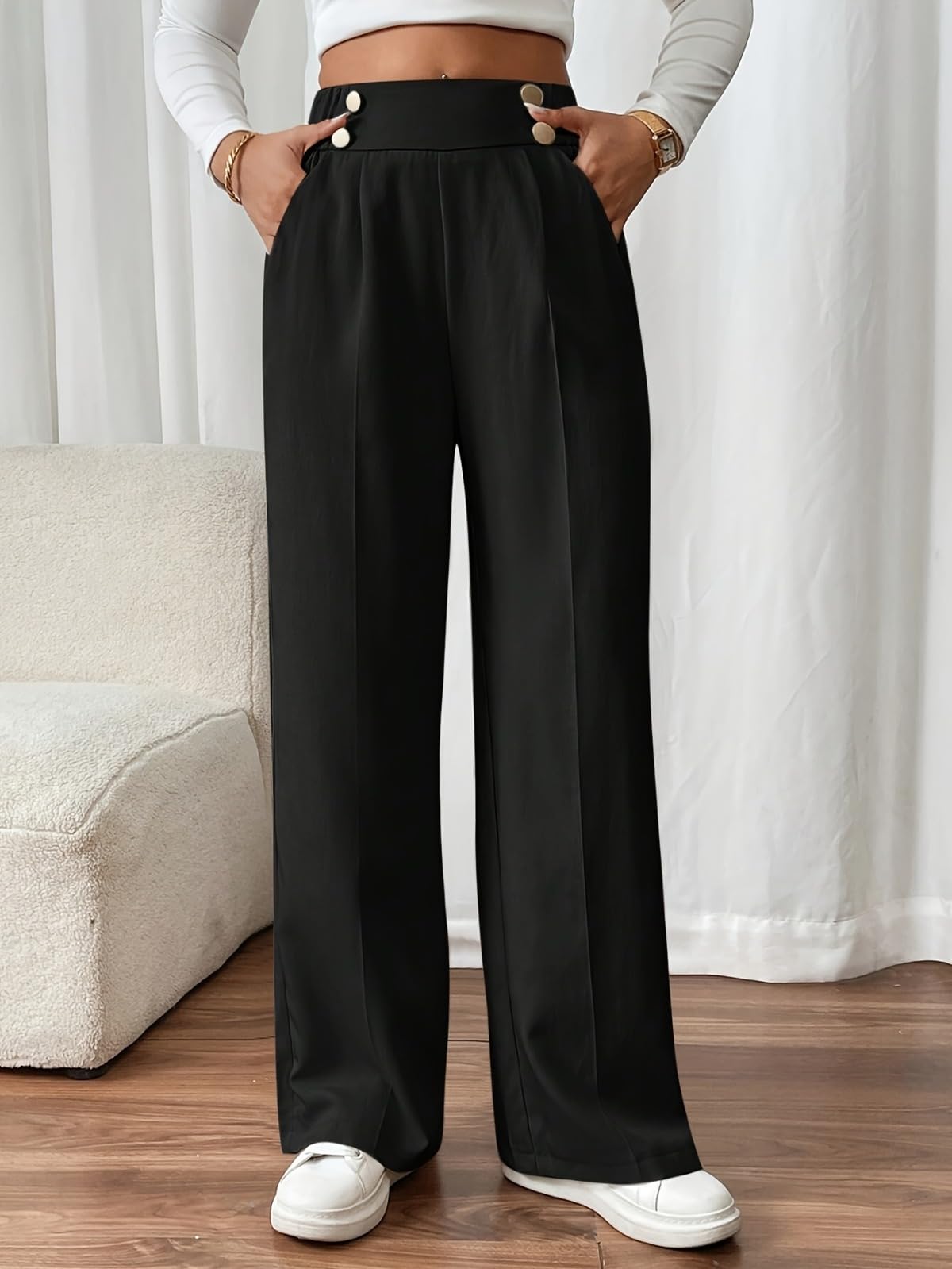 High Waist Wide Leg Trousers for Women Elegant Loose Fit Black Pants with Decorative Button for Office Casual — view 5