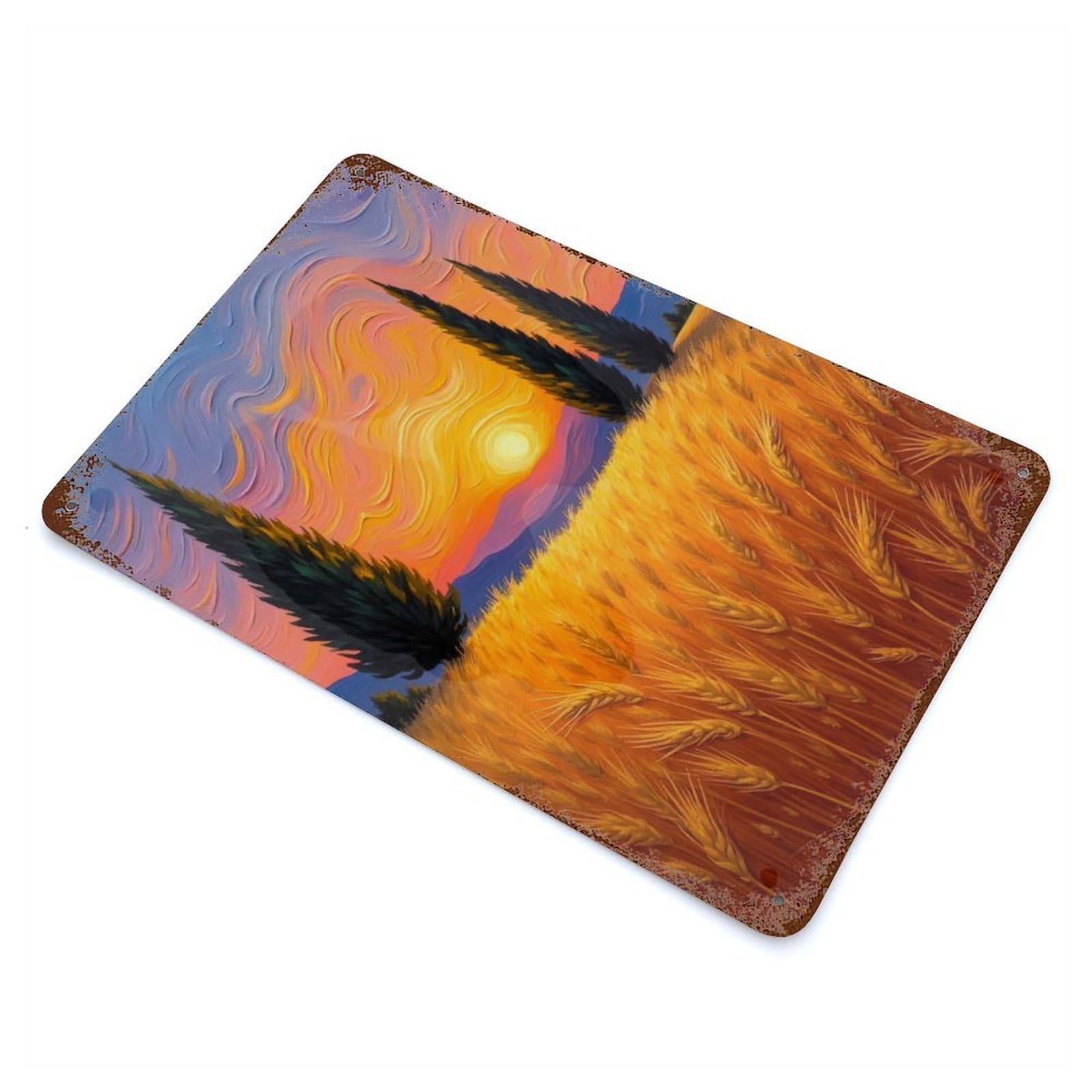 Garage Style Sunset Wheat Field Rusty Metal Tin Sign 11.8"x7.9", Farmhouse Wall Decor for Bar And Workshop