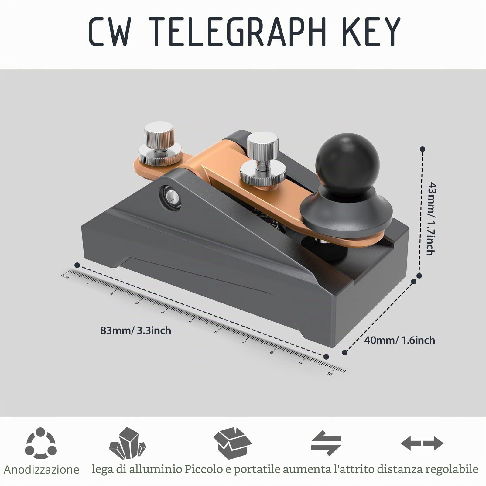 CW Morse Code Key - Chiave tascabile con codice Morse Telegraph Base in lega di alluminio grigia per radioamatoriali, tensione regolabile (grigia)