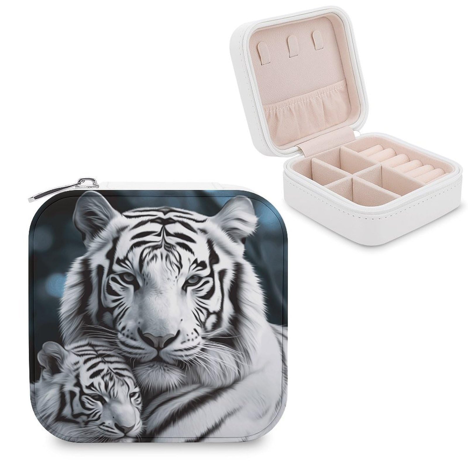 VstaDank White Tiger Travel Jewelry Case Zipper Portable Small Jewelry Box Custom Pu Leather Mini Traveling Jewelry Organizer for Rings Earrings Necklace Bracelet Girls Women