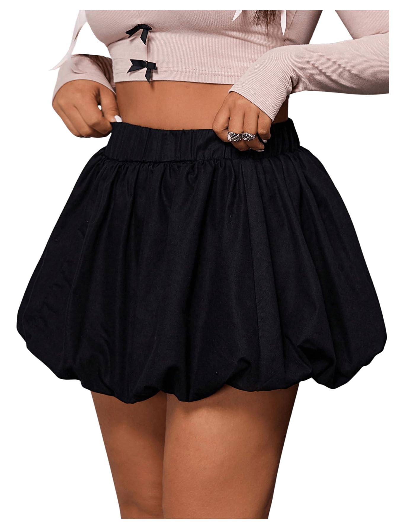 WDIRARA Womens Plus Size Solid Bubble Mini Skirt High Waist Ruffle Hem Skirts