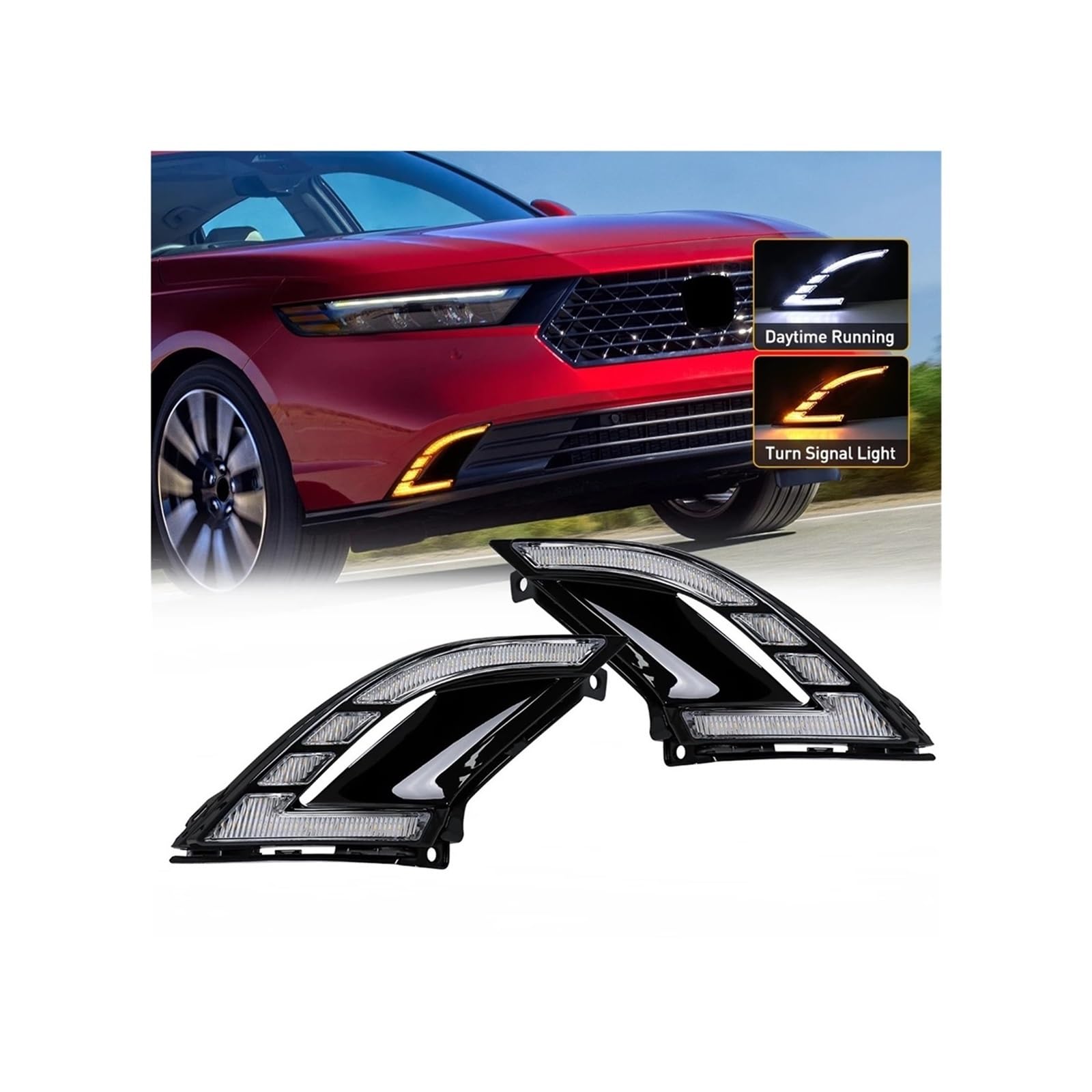 GOXJBQUP Car LED Daytime Running Lights DRL Compatible For 2023 2024 White Yellow Headlights Dynamic Turn Signal Fog Lamp Accessories