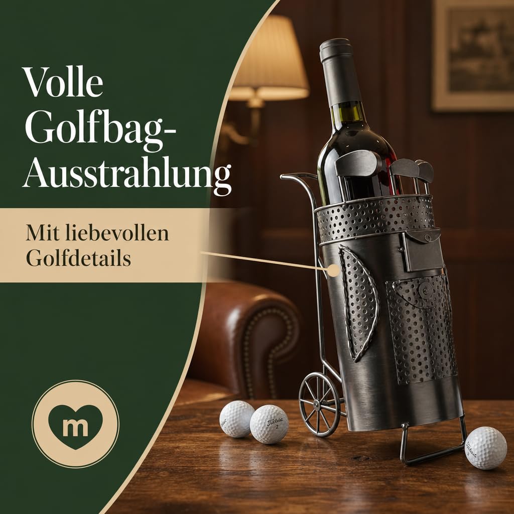 MIJOMA Porte-bouteille de vin sac de golf en métal - Porte-vin décoratif pour 1 bouteille - Fait à la main - Cadeau de golf - Porte-bouteille original pour vin, fer, 13 x 10 x 25 cm