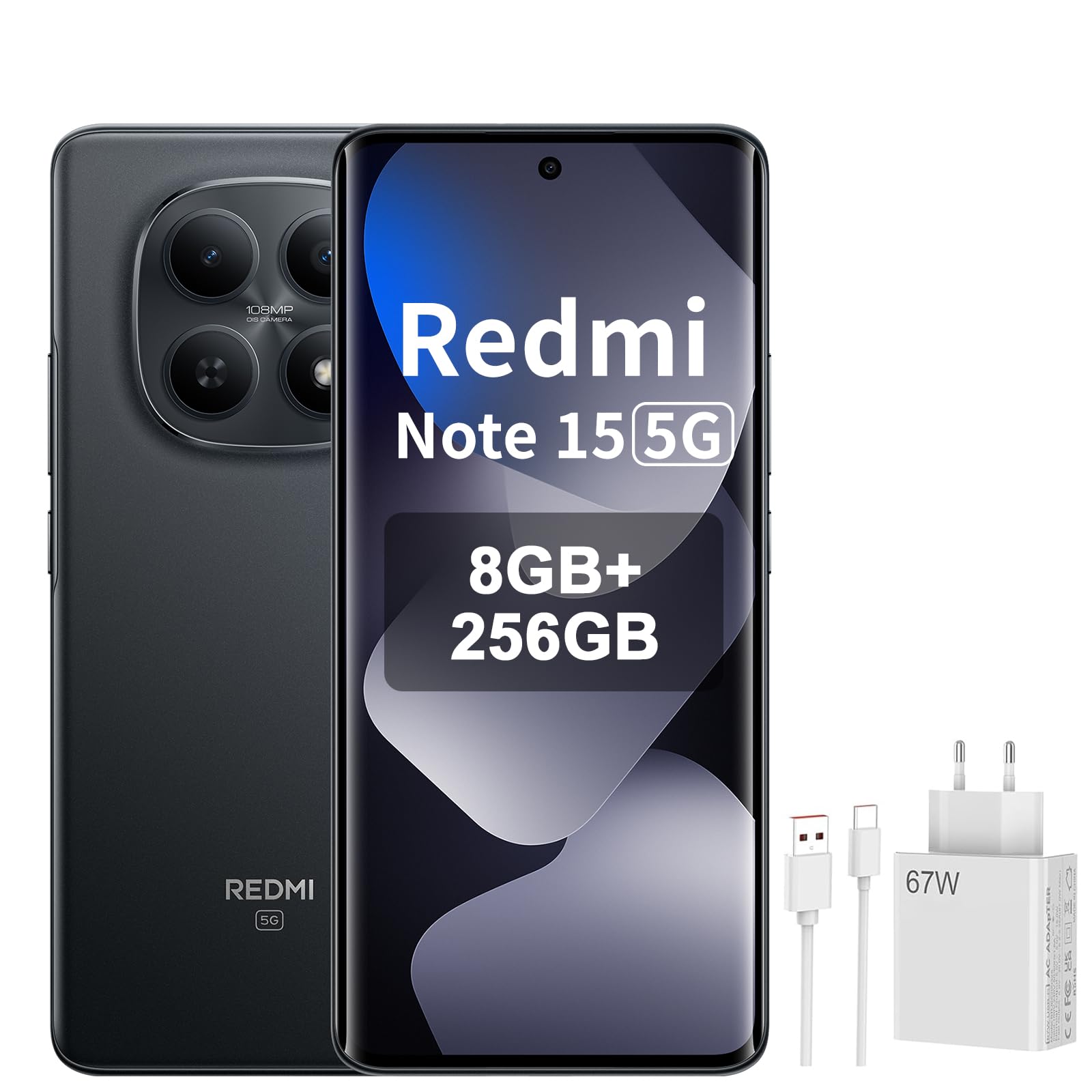 XIAOMI REDMI Note 15 5G - Smartphone 8+256GB, Schermo AMOLED FHD+ 6,77", Snapdragon 6 Gen 3, fotocamera da 108 MP, batteria da 5520 mAh, nero, incluso 67 W Charger