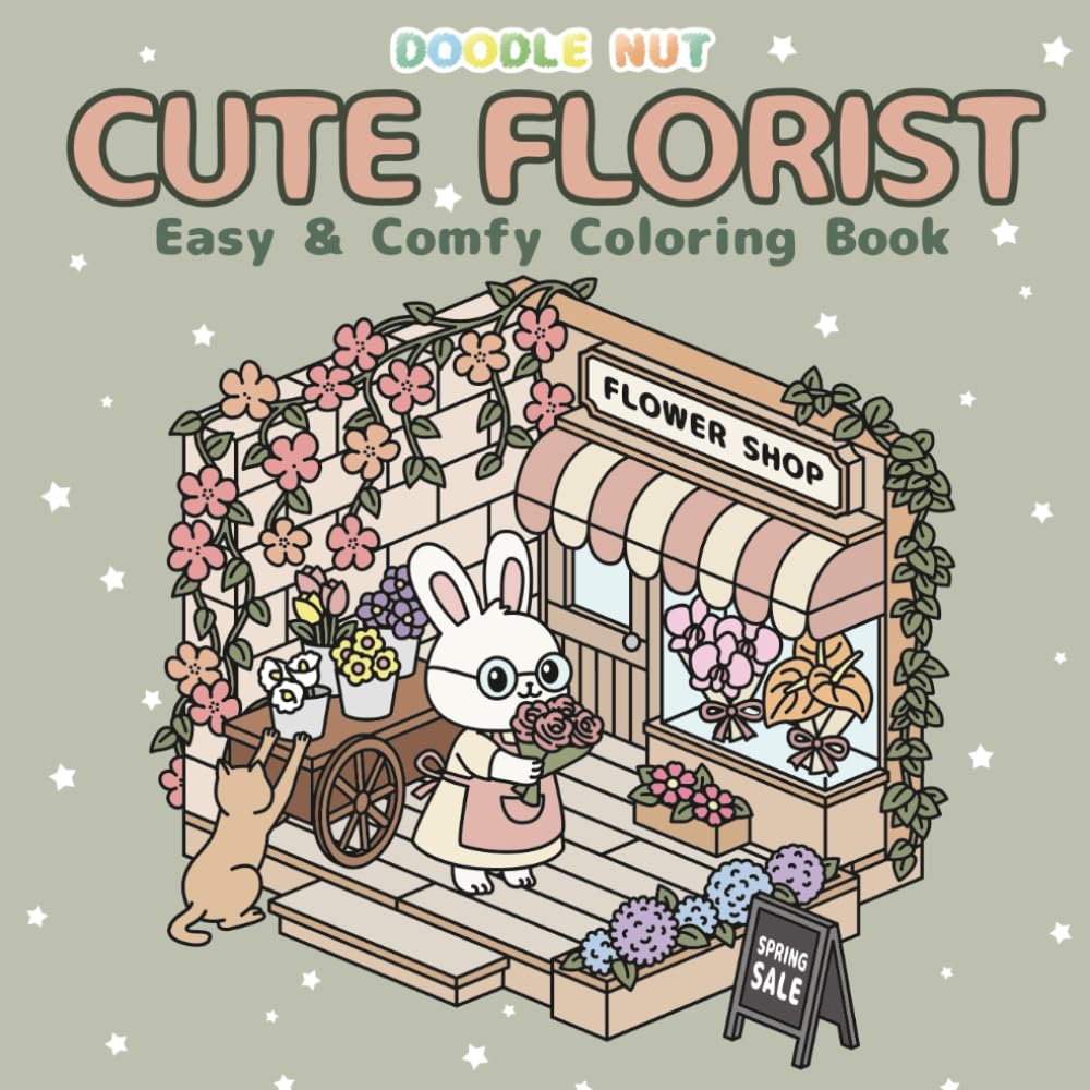 Cute Florist: Easy and Comfy Coloring Book for Adults and Teens, featuring Adorable Animal Friends Working in a Flower Shop for Relaxation.