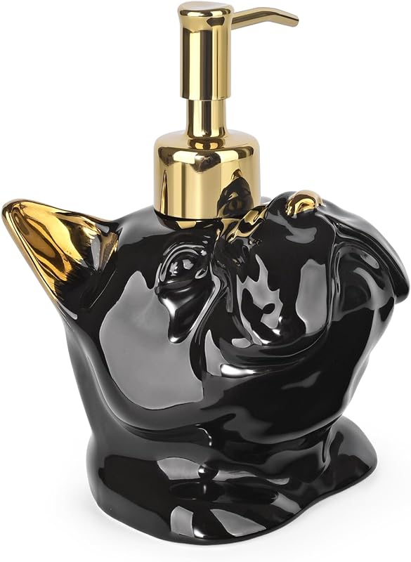 Dispensador de sabonete líquido NEWHENGS em formato de Bulldog Francês Preto/Dourado, 300 mL