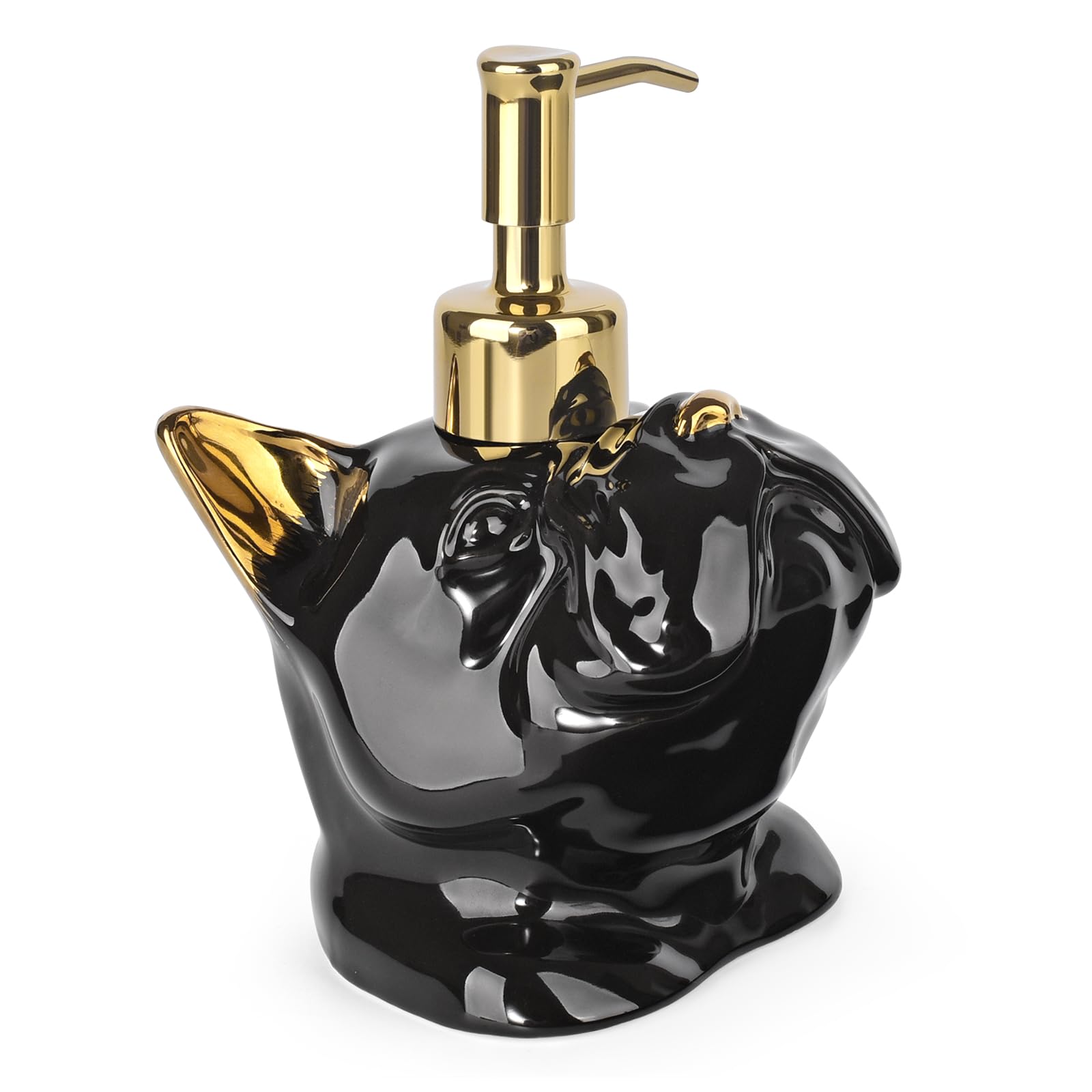 NEWHENGS French Bulldog Shaped Soap/Lotion/Hand Sanitizer Bulldog Ceramic Stainless Steel Pump Dispenser Gifts for Lover, Refillable for Kitchen and Bathroom(Gold/Black)