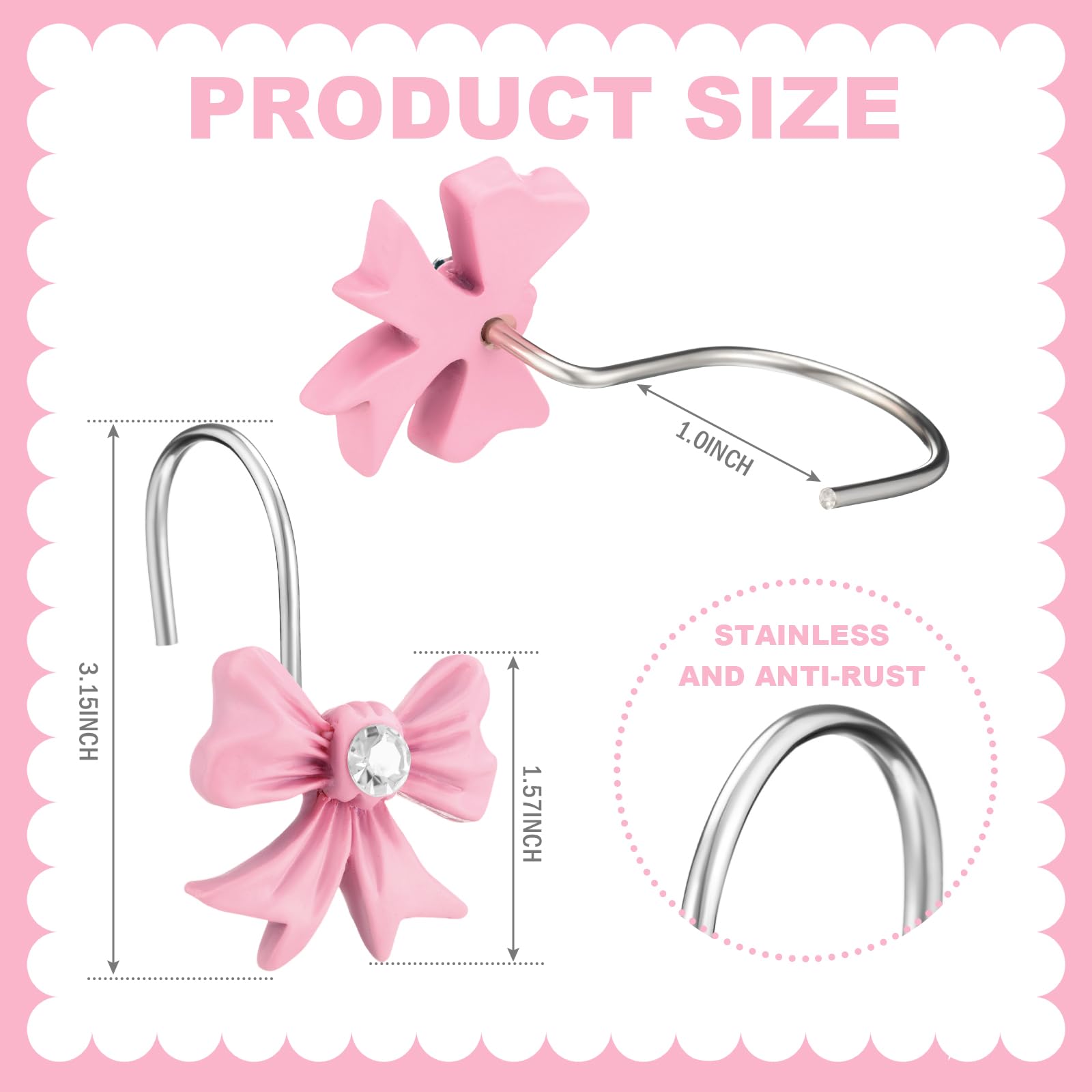 12PCS Pink Heart Shower Curtain Hooks | Cute Bathroom Decor | Rust-Resistant Zinc Alloy | Easy Install For Girls & Women