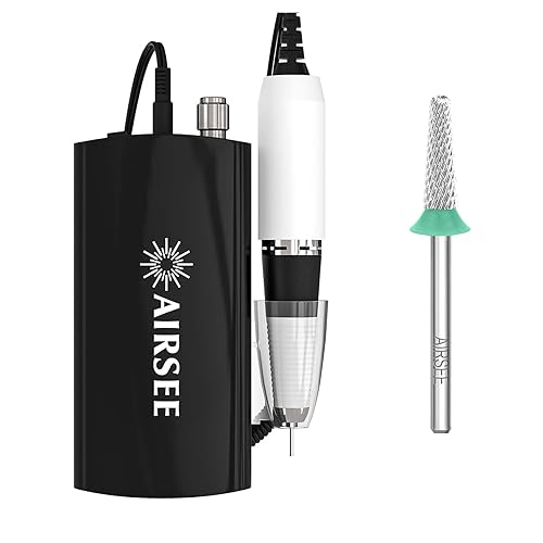 AIRSEE Taladro de uñas profesional recargable de 30000 RPM, lima de uñas eléctrica portátil Efile, negro + broca de carburo de tungsteno AIRSEE para