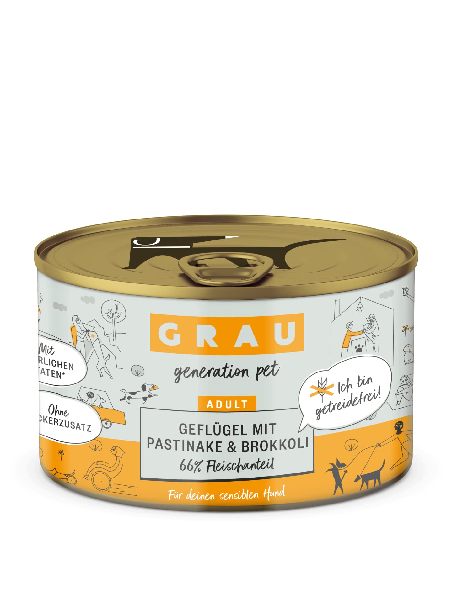 GRAU – oryginalny – mokra karma dla psów – drób z pasternakiem/brokułami, 6 opakowań (6 x 200 g), bez zbóż, dla wrażliwych dorosłych psów