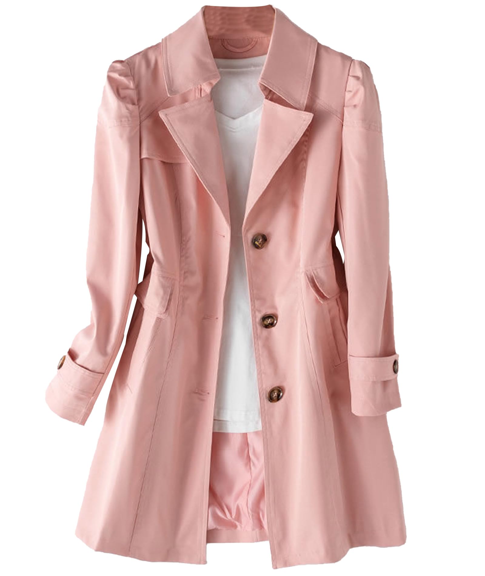 SOMTHRON Womens Single Breasted Mid-Length Trench Coat Puff Sleeve Lapel Overcoat Windproof Classic Outerwear