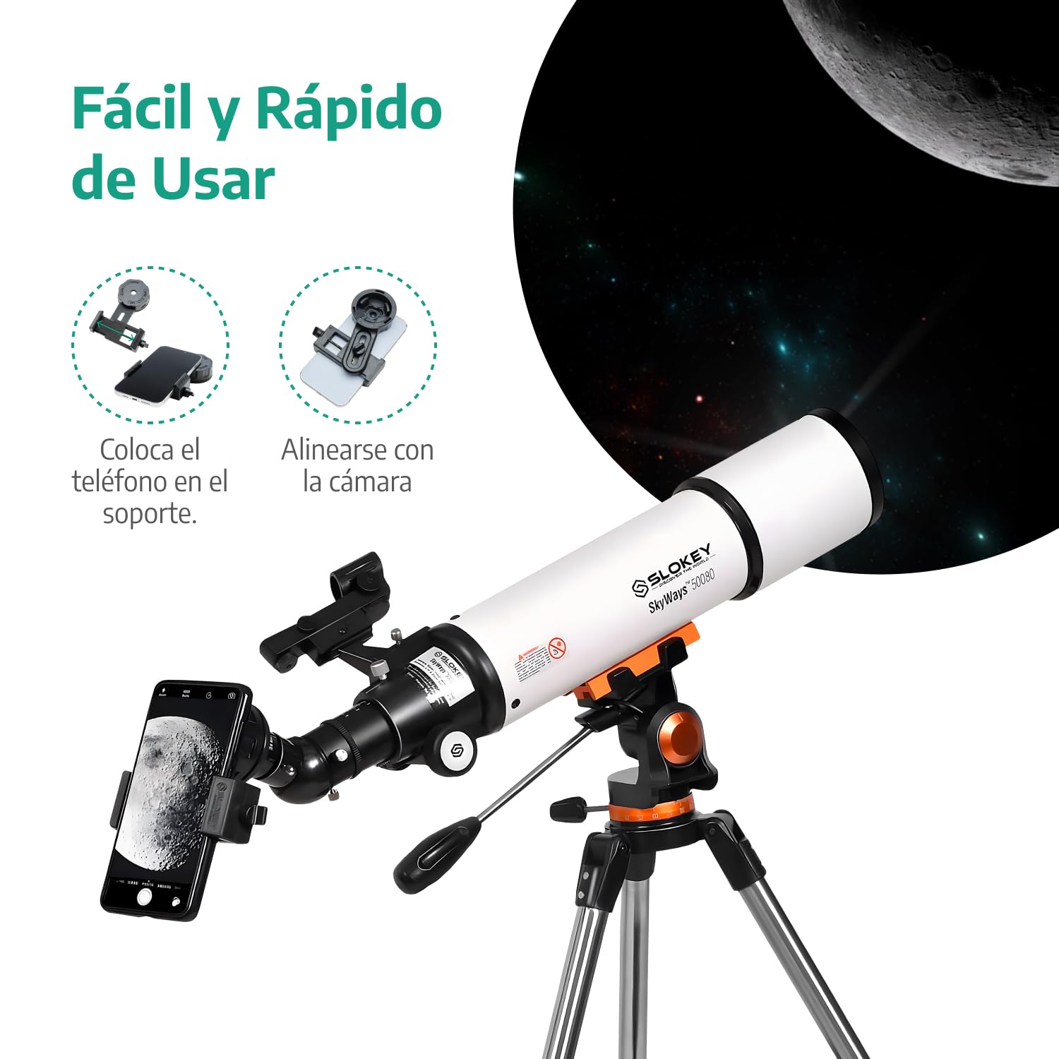 Slokey 50080 Telescopio Terrestre y Astronómico Refractor 25x-250x - Telescopio Portátil 80 mm para Niños y Principiantes - Observación de Estrellas Luna, Planetas, Incluye Trípode de Acero Inoxidable