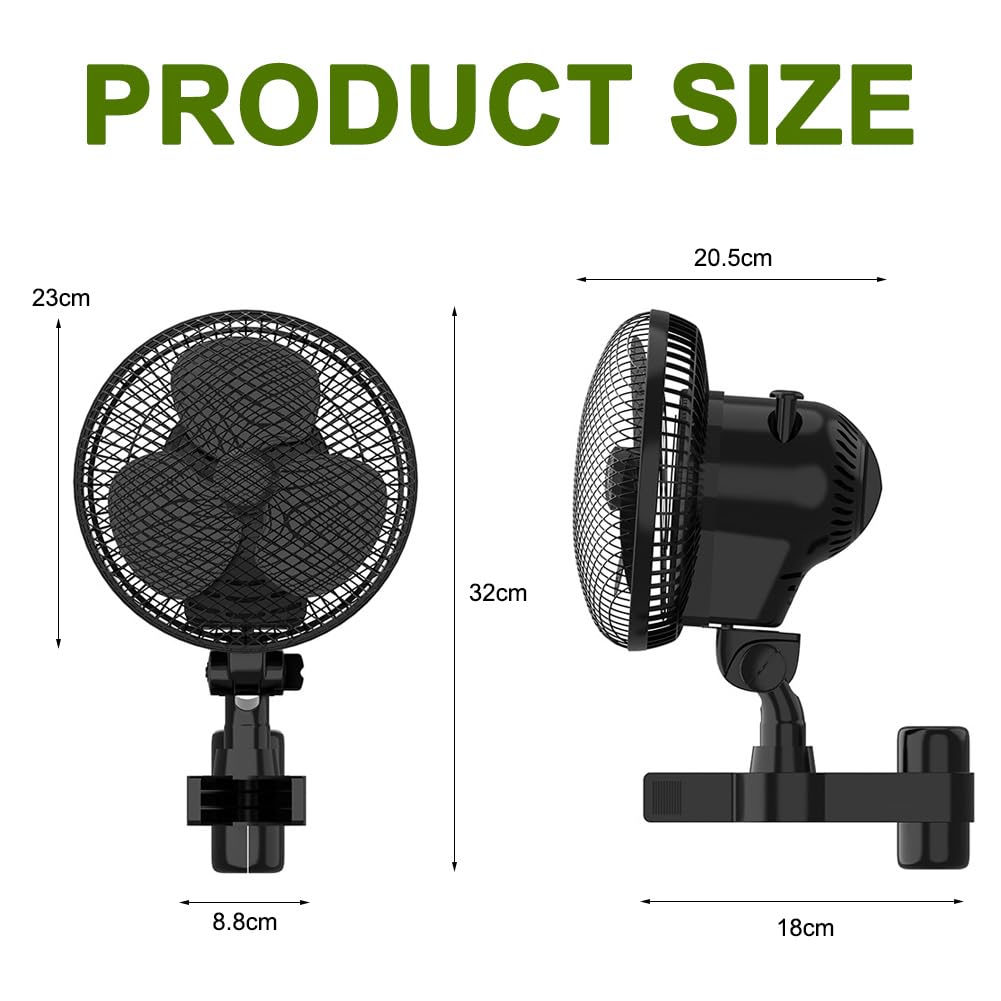 CEWROM Grow Ventilator mit Clip EC-Motor, 10 Stufen Klemmventilator, Grow Clip-Ventilator Klemmbar für growzelt, 20cm Durchmesser, EC-Motor 10W 32 dBA Perfekt Lüfter für Growbox, Schwarz