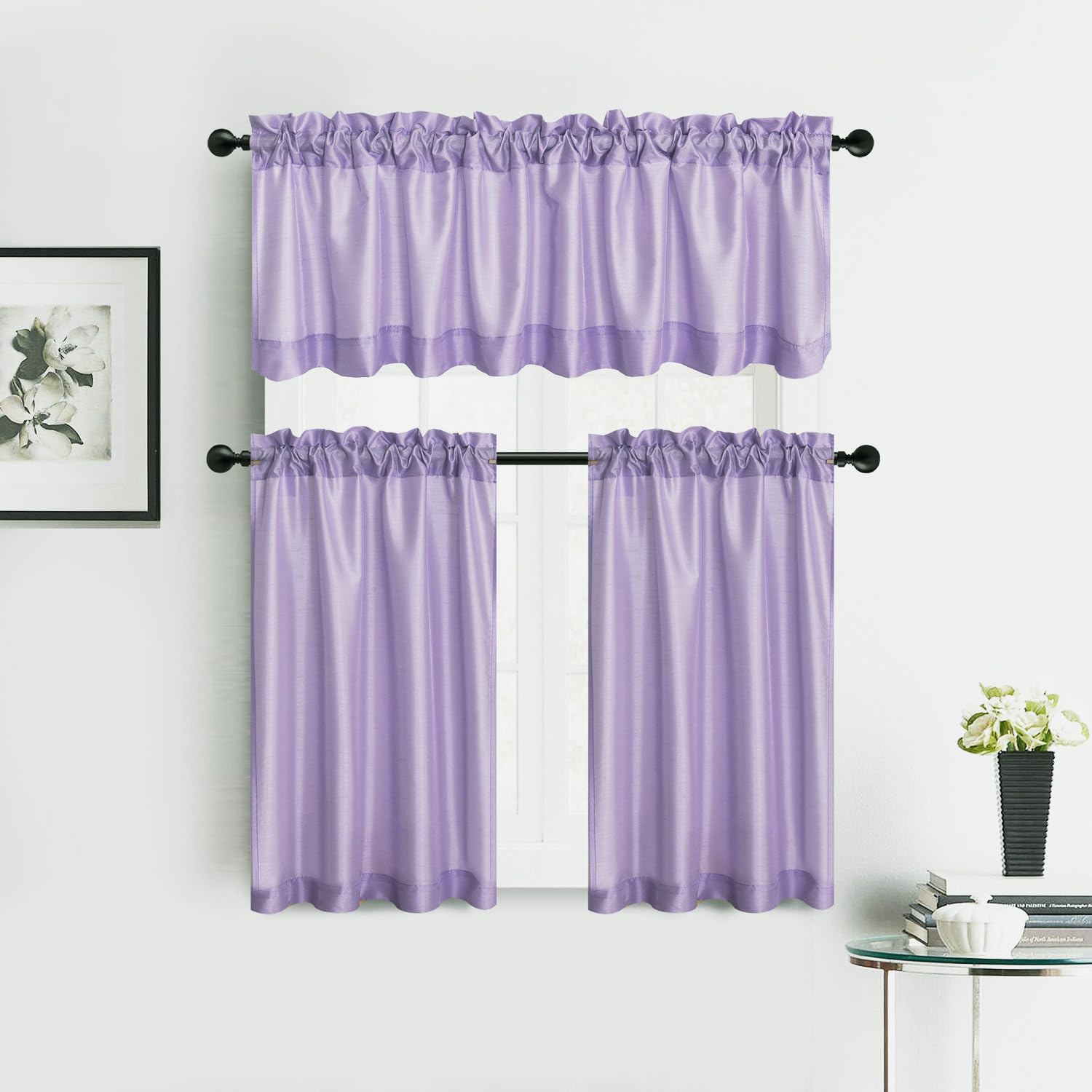 Faux Silk Kitchen Curtain Valance Set 36 Inch long Tier Curtains Cafe Curtains Rod Pocket valances for Living Room Bedroom Bathroom Farmhouse Rustic