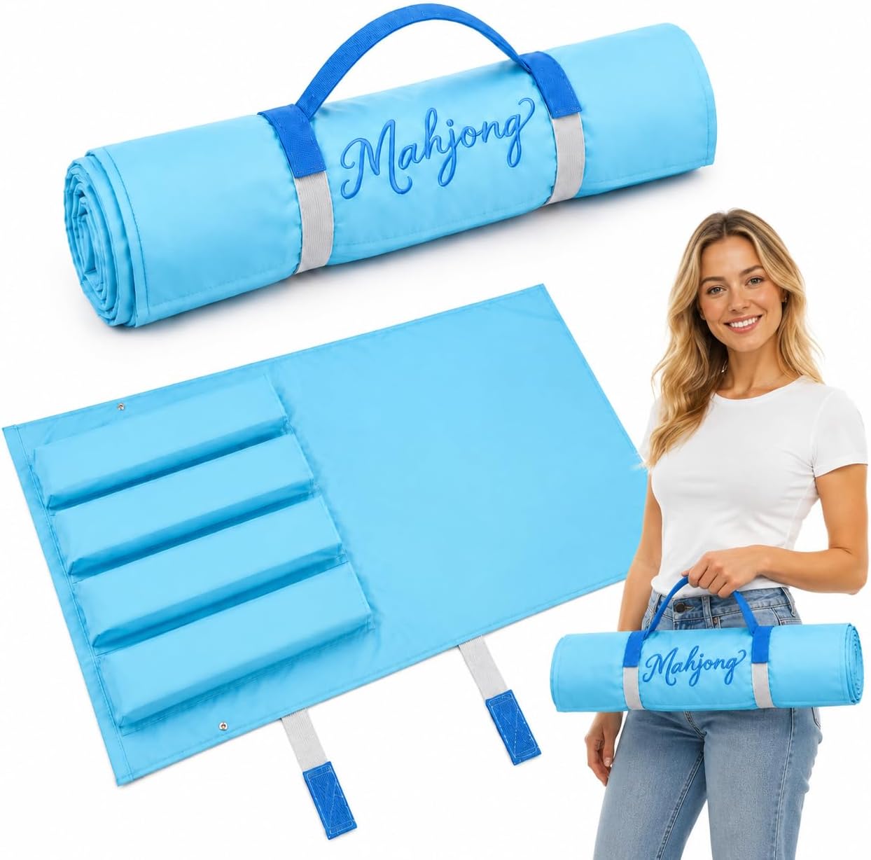 Sokfone Mahjong Rack Storage Bag – Roll-Up Oxford Cloth for 4 Racks & Pushers, Portable Sleeve Organizer for Travel & Club, Lightweight Mahjong Tote Accessories for Party (Bag Only) (Blue)