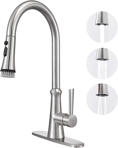 Grifo de cocina de acero inoxidable con rociador extraíble, grifo de fregadero de cuello de cisne de arco alto con cepillo de limpieza, níquel