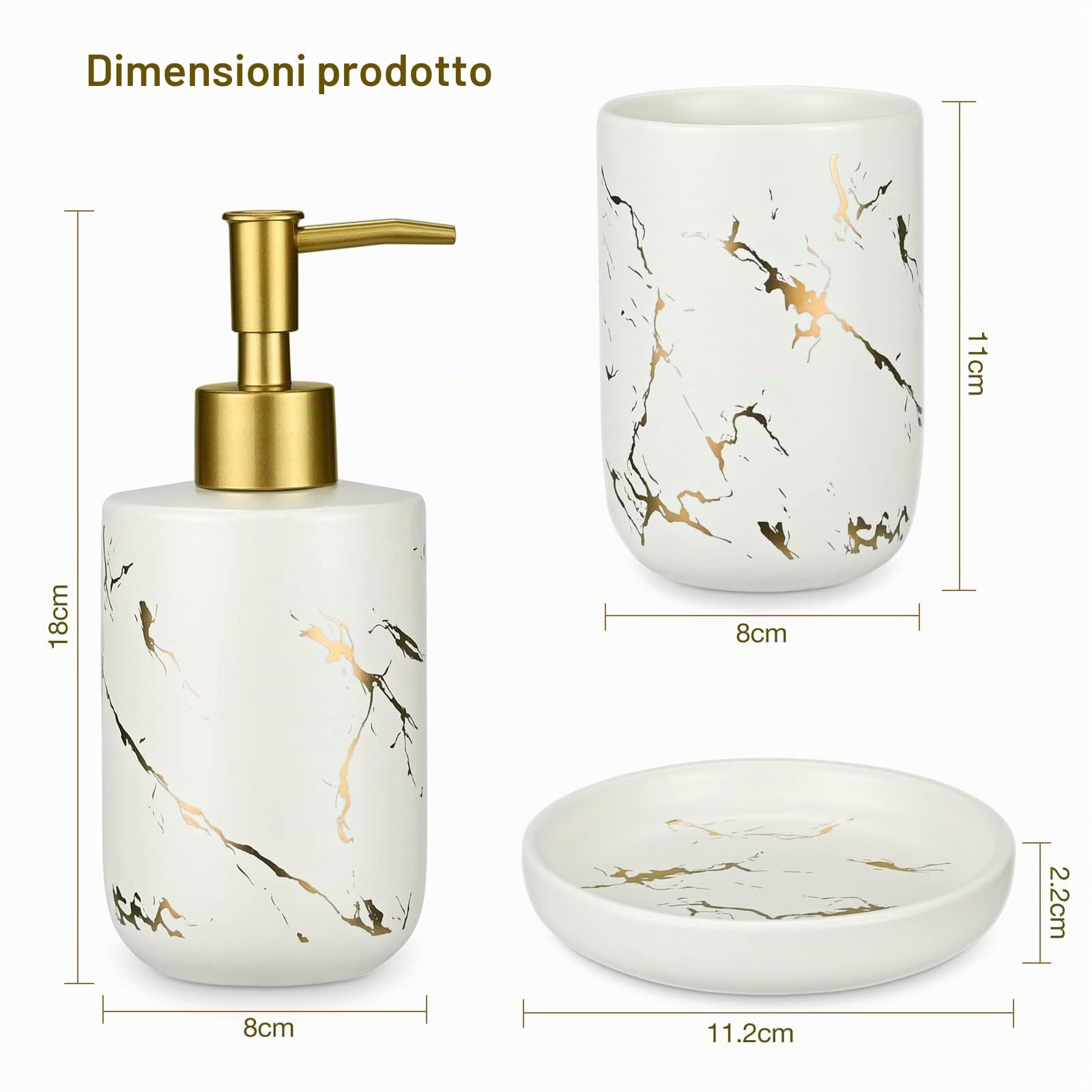 Set di accessori da bagno, 4 pezzi in ceramica set di accessori da bagno in marmo di lusso 2 pezzi portaspazzolino/bicchiere + dispenser di sapone liquido o lozione piatto (bianco), bianco - 4
