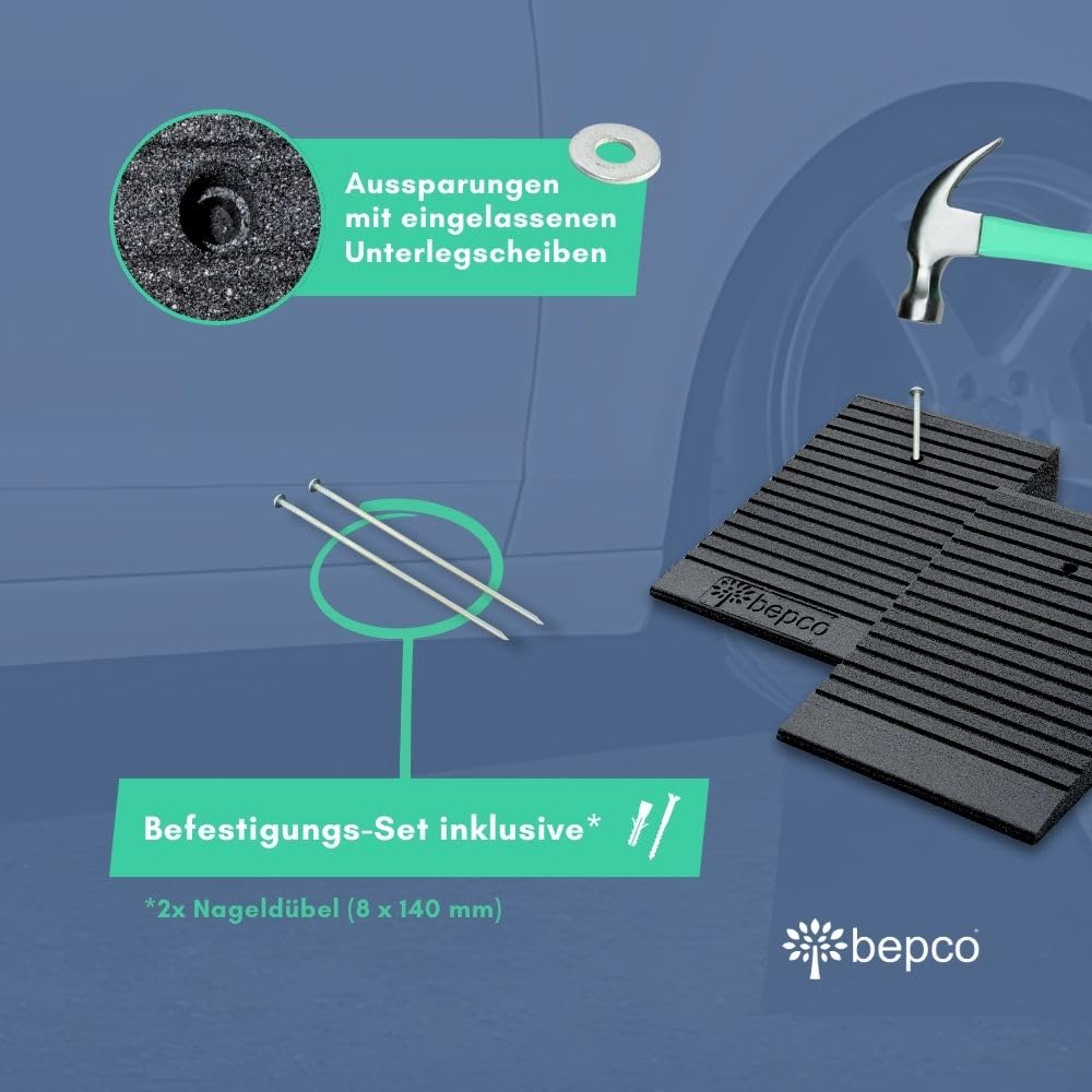 bepco Rampa do rowerów i skuterów klasy premium, zestaw 2 szt. – z gumy pochodzącej z recyklingu – rampa najazdowa, rampa progowa z łożyskowanymi podkładkami do przykręcenia (z gwoździami stalowymi