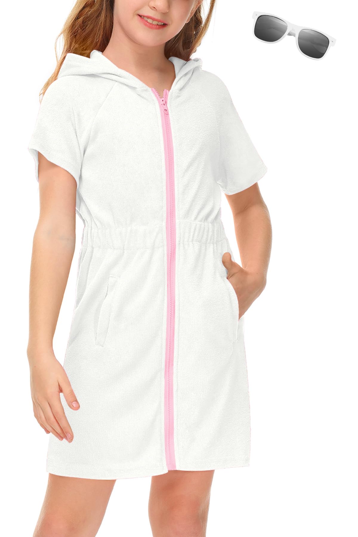 BesserBay Girls Swim Cover Up Beach Bathing Suit Coverups for Swimwear Zip-Up Terry Cloth Robes with Sunglasses 6-14 Years