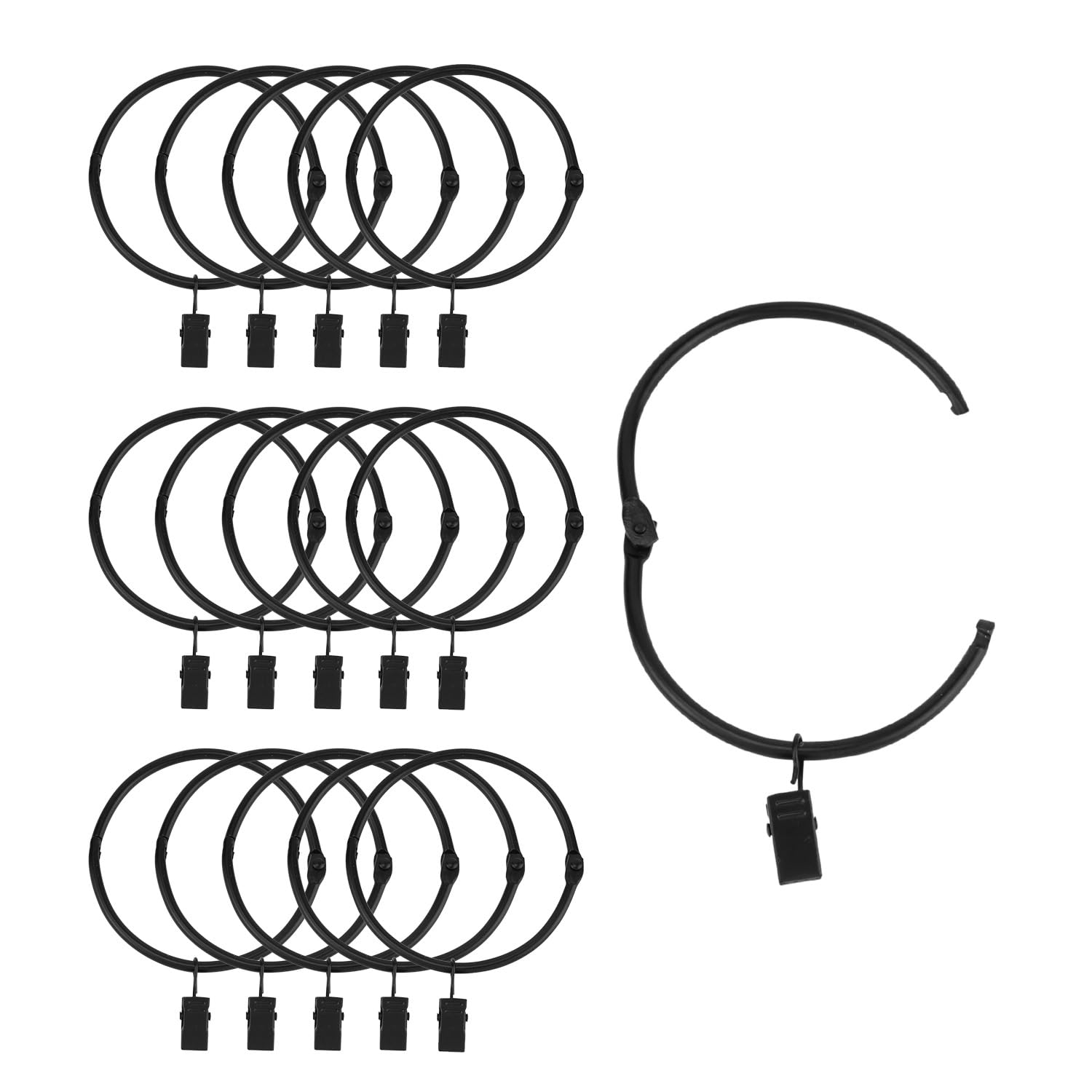 Suneration 15 Pack Openable Curtain Rings with Clips Metal Hangers Ring 2.4 inch Interior Diameter Rust Proof for Heavy Duty Vintage Decorative Drapery Eyelet Curtain Rods Black