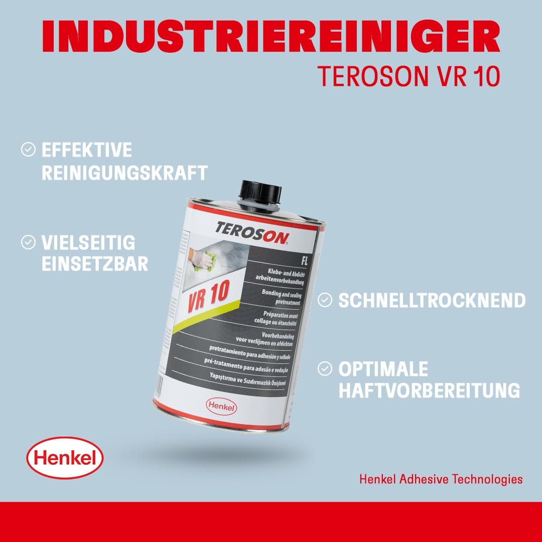 TEROSON VR 10, Reinigungsmittel zur Vorbehandlung von Klebeflächen, Bauteilreiniger auf Basis von Waschbenzin, Auto-Reiniger für Fahrzeugscheiben und -teile, 1x1l