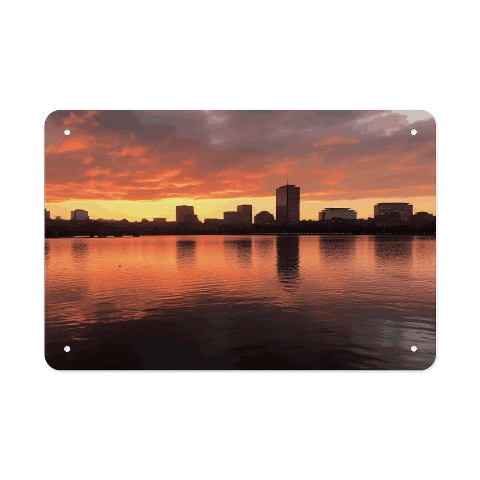 Boston Charles River City Skyline Sunset Metal Tin Sign 12"x8" Wall Art Prints Poster Decorative Picture Metal Signboard Decor Painting Folded Edge Iron Sheet Painting with Holes for Wall Decor