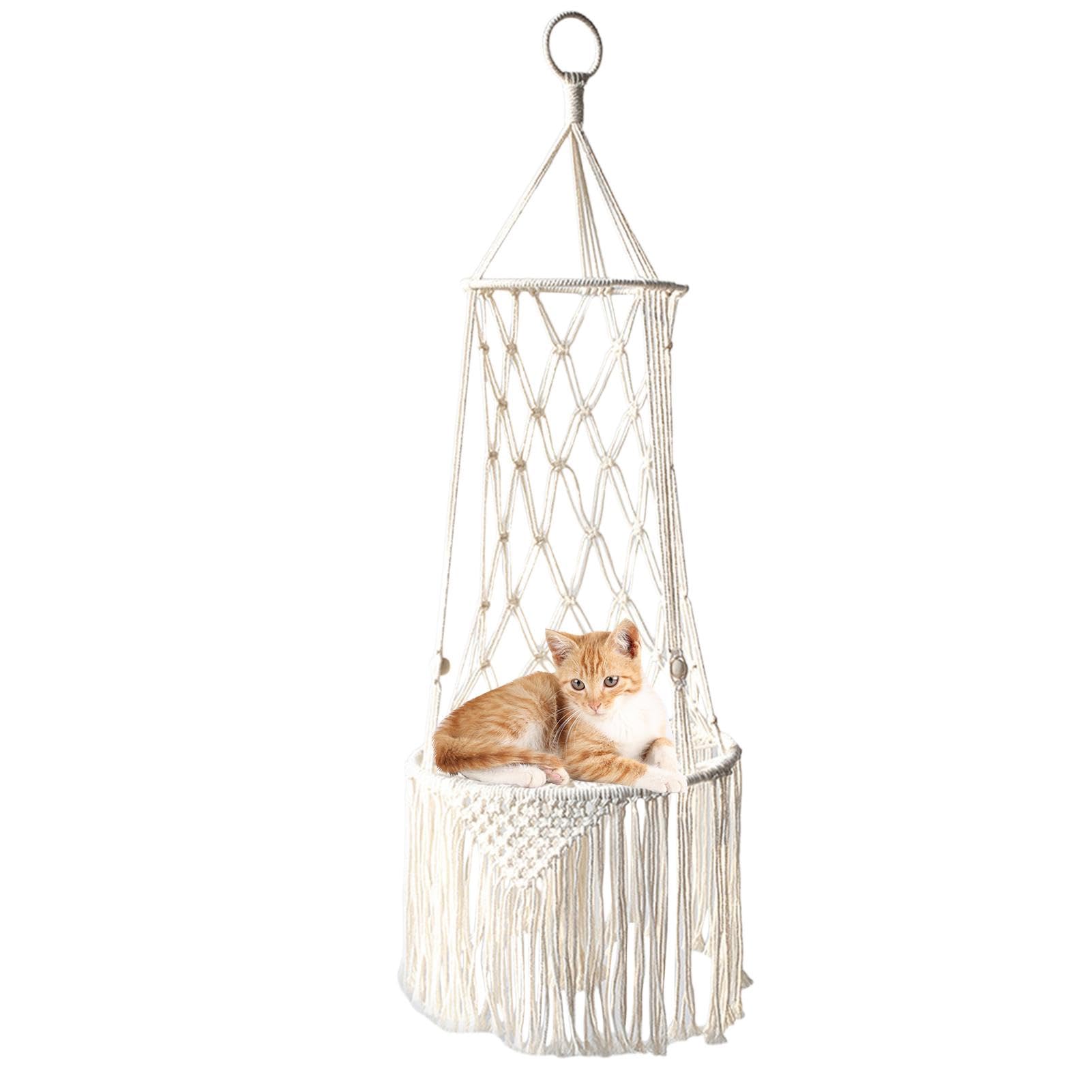 Shurzzesj Cama de macramé para gatos, hamaca para mascotas, cama colgante de macramé, hamaca tejida para gatos, regalos para mascotas, cama oscilante, hamaca de macramé para gatos con borla