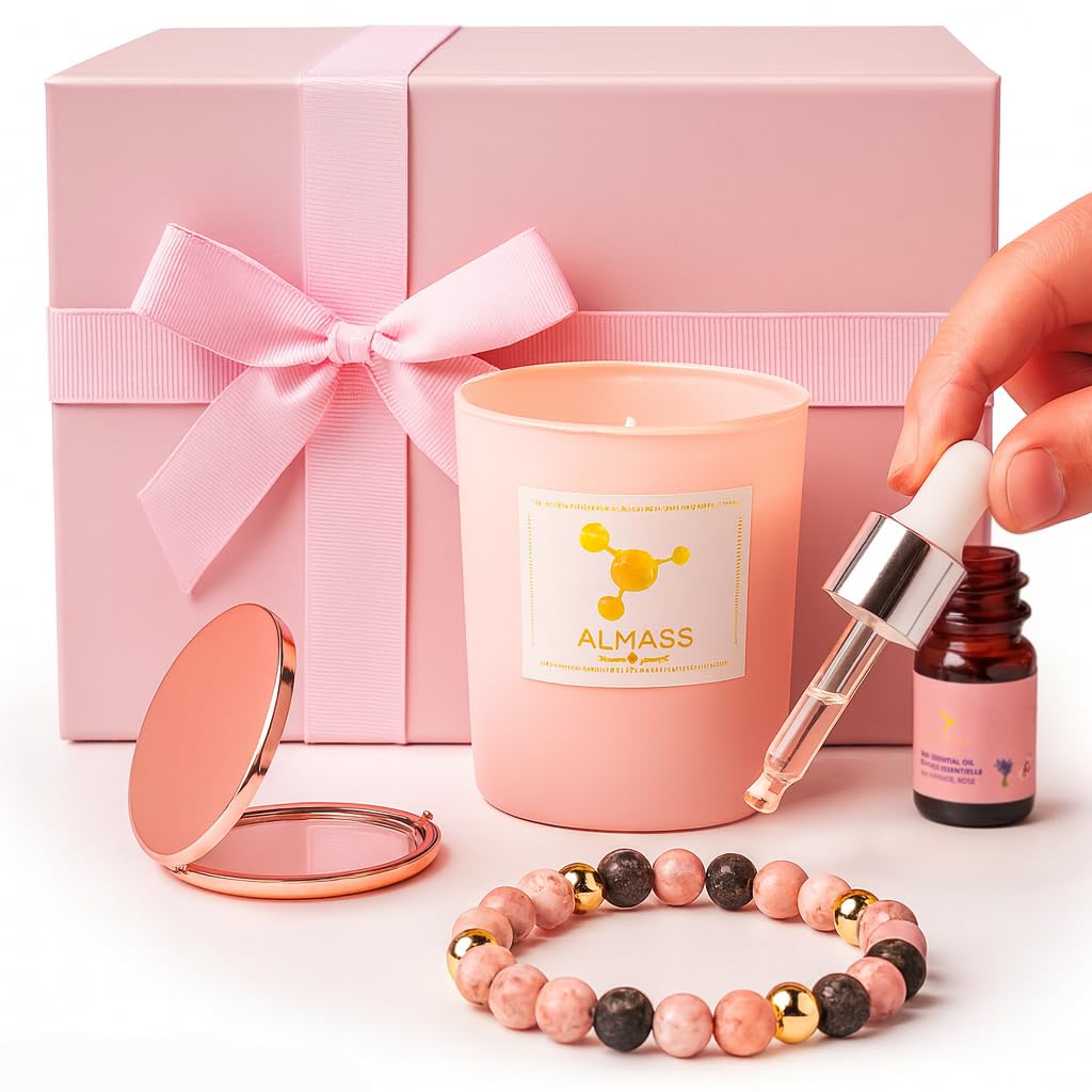 Cadeau pour ma femme - Coffret cadeau - gourmette femme : Bracelet Diffuseur Huile Essentielle 19 cm Artisanal naturel+ 5ml huile essentielle (rose,lavande) + Miroir poche + Bougie parfumée végétale