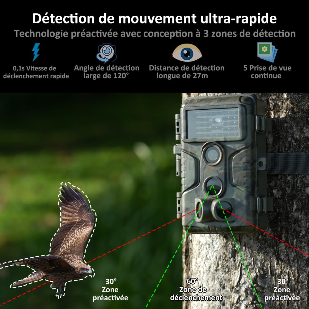 GardePro A3S Camera de Chasse, 64MP 1296P H.264 Vidéo Caméra de Chasse | Camera Chasse Sans Lueur 940 nm, 0,1s Camera Detecteur de Mouvement, Camera Vision Nocturne Animaux, Piege Photographique