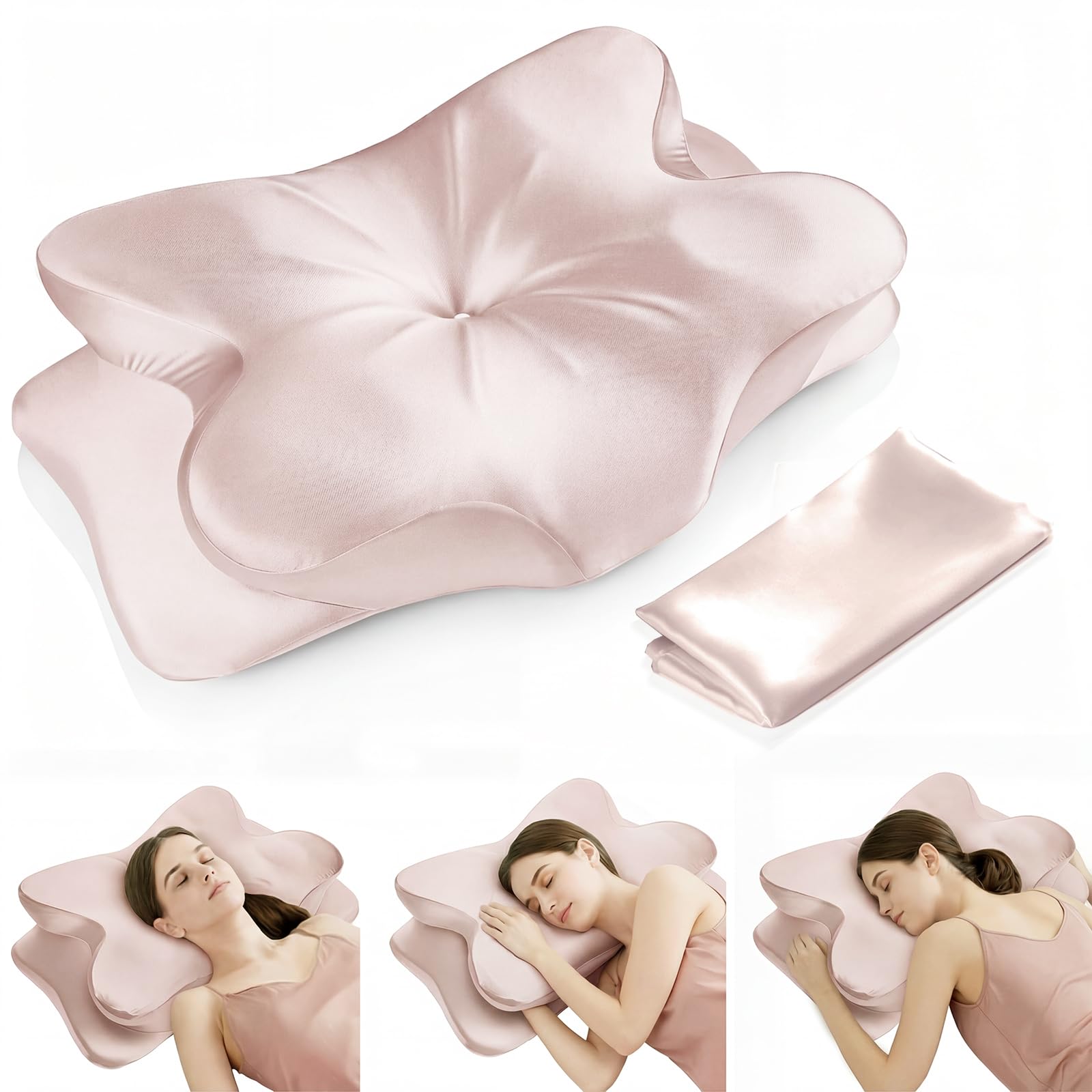 Cervical Neck Pillow for for Neck Support,Ergonomic Memory Foam Contour Pillow with Wrinkle-Resistant Silky Satin Cover &amp; Extra Removable Cover,Orthopedic Pillow for Side,Back,Stomach Sleepers,Pink