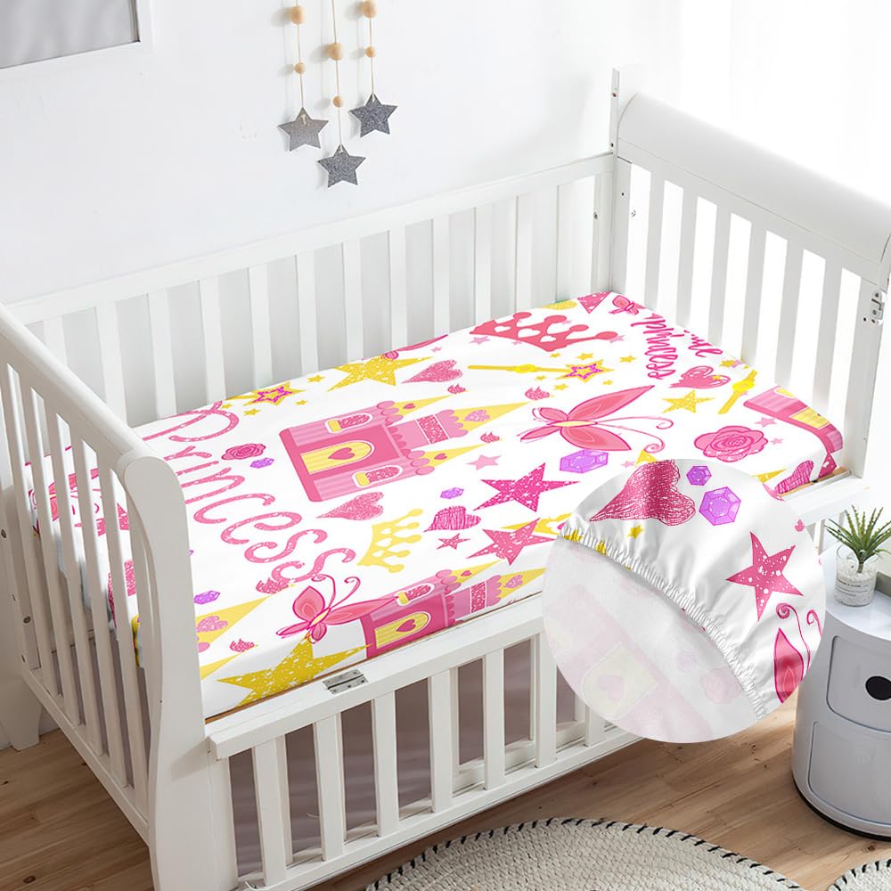 Odot Cot Bed Fitted Sheets, Toddler Baby Travel Cot Sheets, Cartoon Print Microfiber Mattress Protector Cozy Breathable Bedding for Bedside, Cradle,Cribs, Bassinet (Pink Castle,60x120cm)