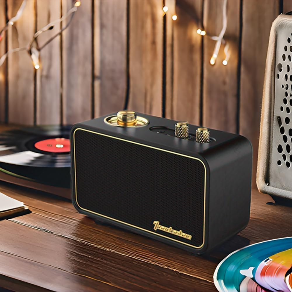Vintage Bluetooth Speaker with AM/FM Radio, Retro Wood Wireless Speaker, 10W Deep Bass & 10H Playtime, Charge-While-Play, Rotary Dial & Interchangeable Panel, Portable Home Radio(Black)