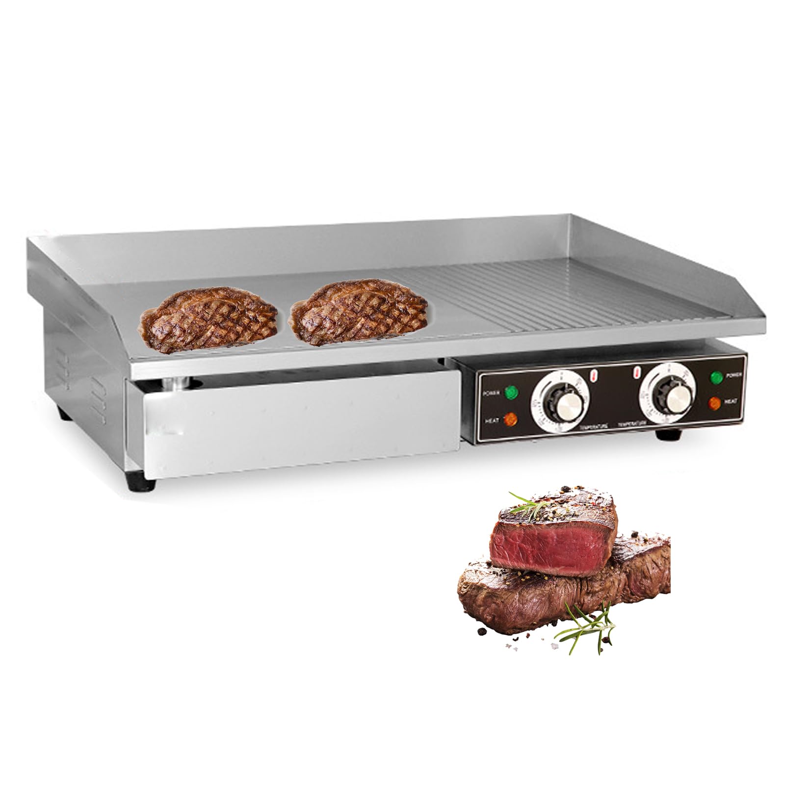 MYUYEE Commercial Electric Griddle,Countertop Electric Fryer,with Timer,Stainless Steel Grill,Double Row Heat Dissipation,for Restaurants, Food Trucks, Catering