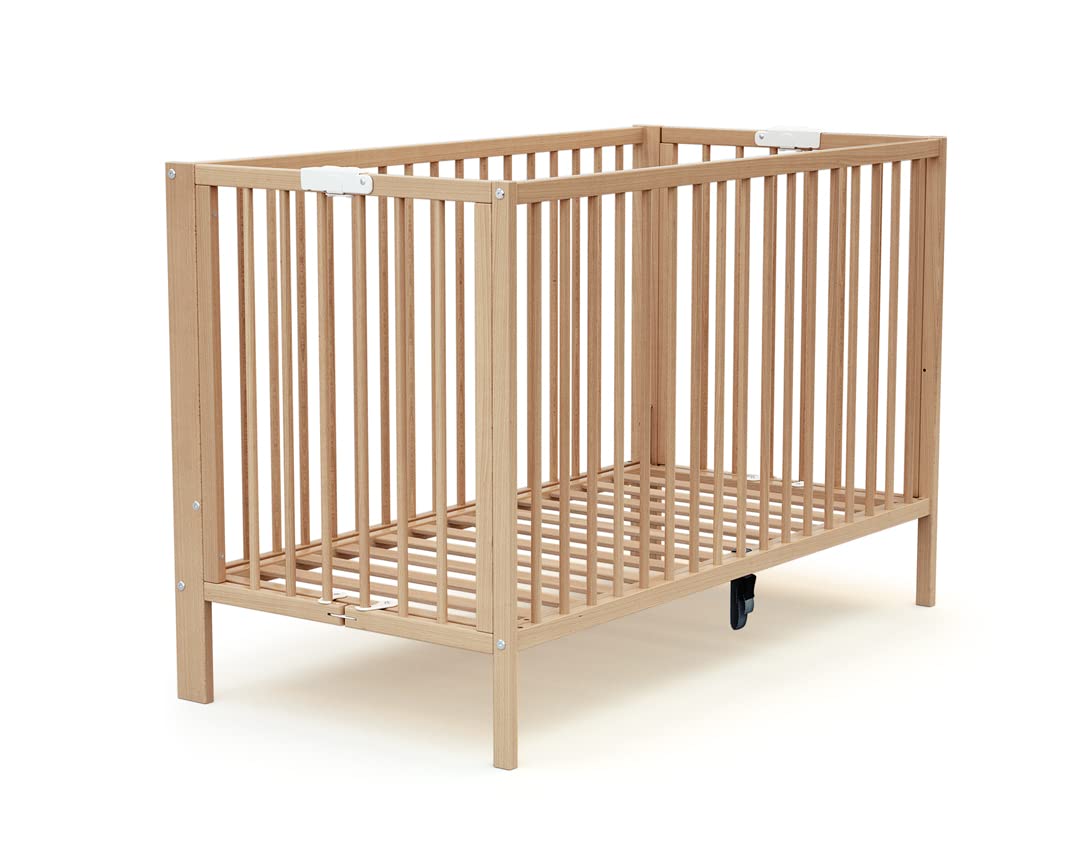 AT4 - Lit bébé Pliant 60x120 Essentiel Hêtre Verni | 124 x 64 x 82 cm | Lit Pliable | Sommier réglable 2 Niveaux intégré au lit (Beige, Lit bébé)