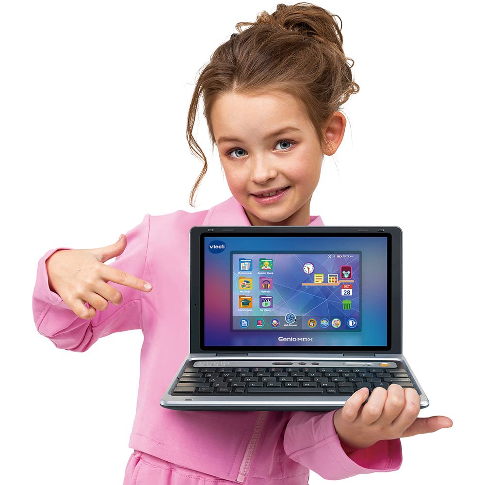VTech Genio Max grau metallic, Lerncomputer für Kinder ab 5 Jahren | Kinder-Laptop mit Farbdisplay, AZERTY-Tastatur, Maus und bereits 60 Apps und Lernspiele in französischer Sprache