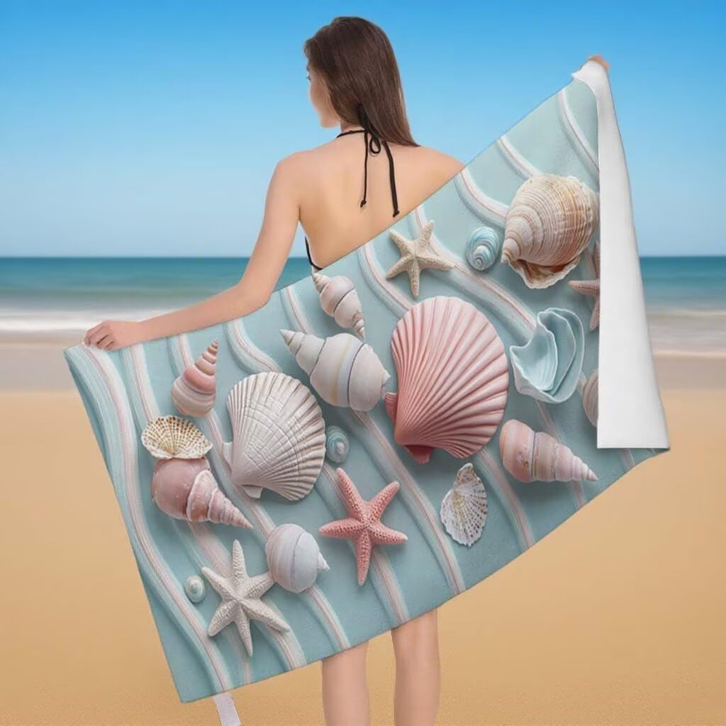Toalla de Playa Grande 220x100cm/35x70cm, Juego de 2 Toalla Microfibra XXL de Antiarena, Toallas Playa Suave Ligera, Absorbente Secado Rápido, Beach Towel Viaje, Regalo Mujer Hombre (Caparazón) G-64