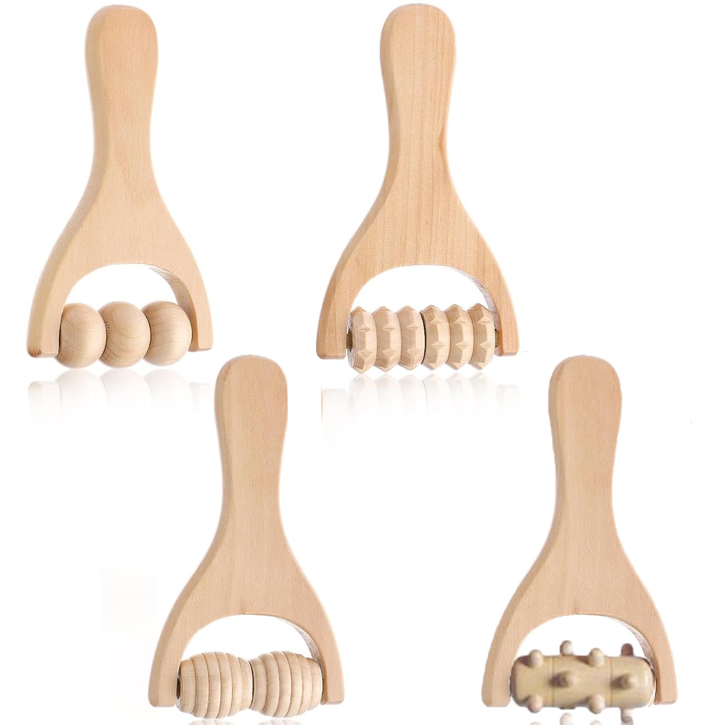 4 unidades de rodillo de masaje de madera, rodillo de músculos de la espalda, herramientas de masaje manuales de terapia de madera, masajeador con mango, rodillo de fascia, para relajar el