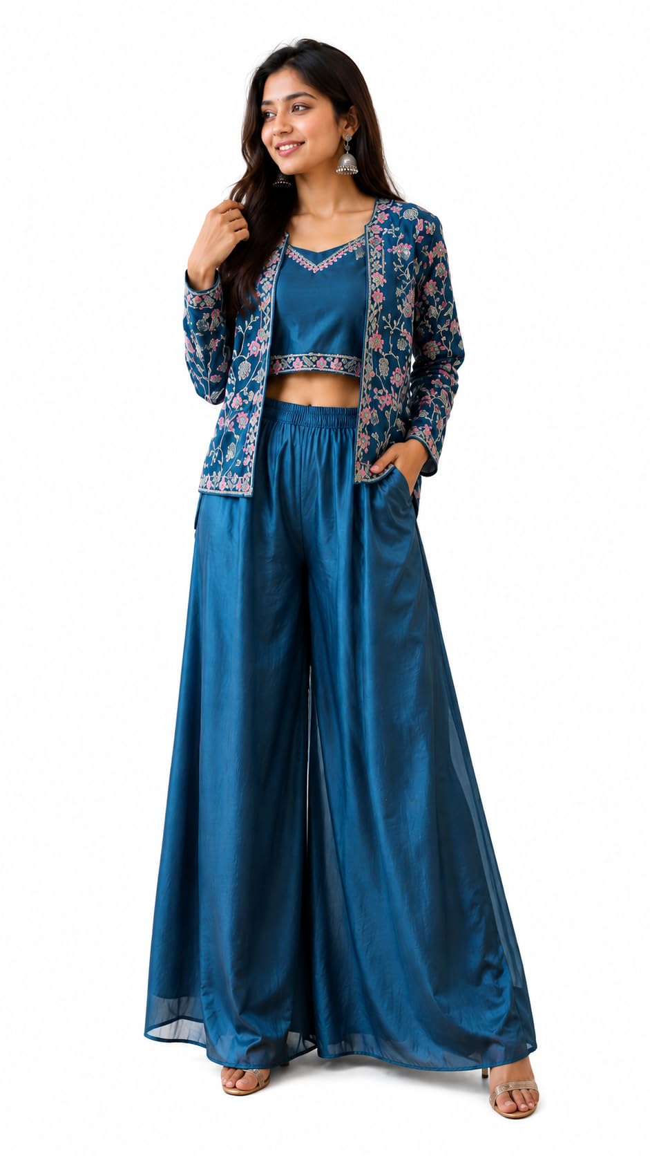 FEMANI Women's Embroidered Ethnic Co-Ord Set with Floral Jacket, Crop Top & Palazzo Pants |-image-43