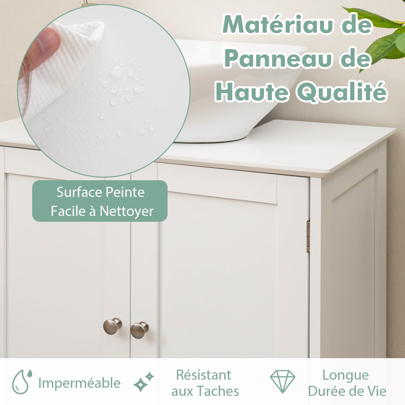 GOPLUS Meuble Salle de Bain sous Lavabo, 2 Portes, Étagère, Meuble Salle de Bain de Rangement sous Vasque avec Découpe en U 22x19cm, Grand Espace de Rangement, Style Moderne, 60x30x60cm, Blanc