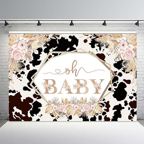 Miniatura 1 de MEHOFOND Telón de fondo bohemio de vaca Oh Baby para niñas, baby shower, rosa rubor, floral, primera vaca santa, hierba de las pampas, estampado de